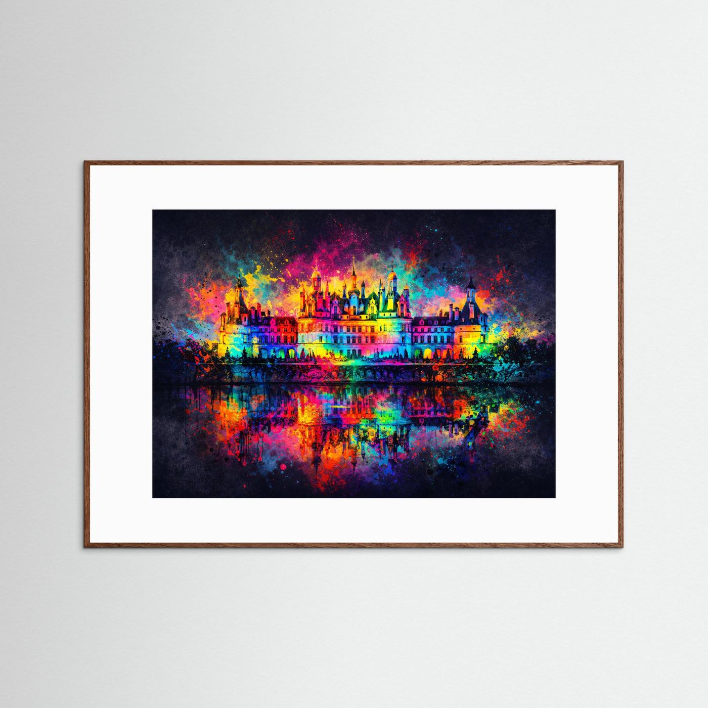 Prachtvolles Schloss mit Wasserspiegelung im Farbexplosion-Stil | Abstrakte Kunst Poster Querformat