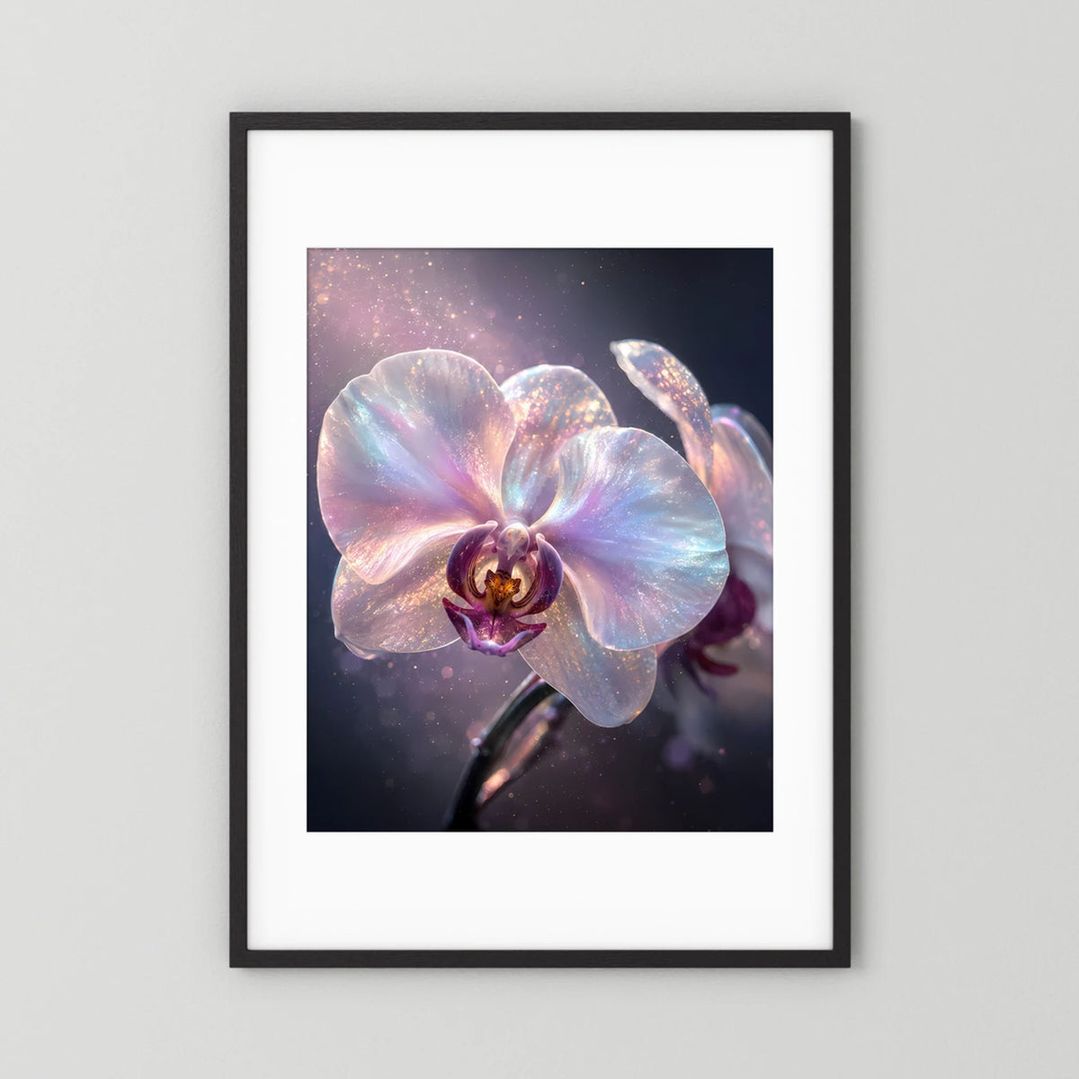 Orchideen-Poster mit weißem Passepartout im schwarzen Rahmen, pastellfarbene Blüte