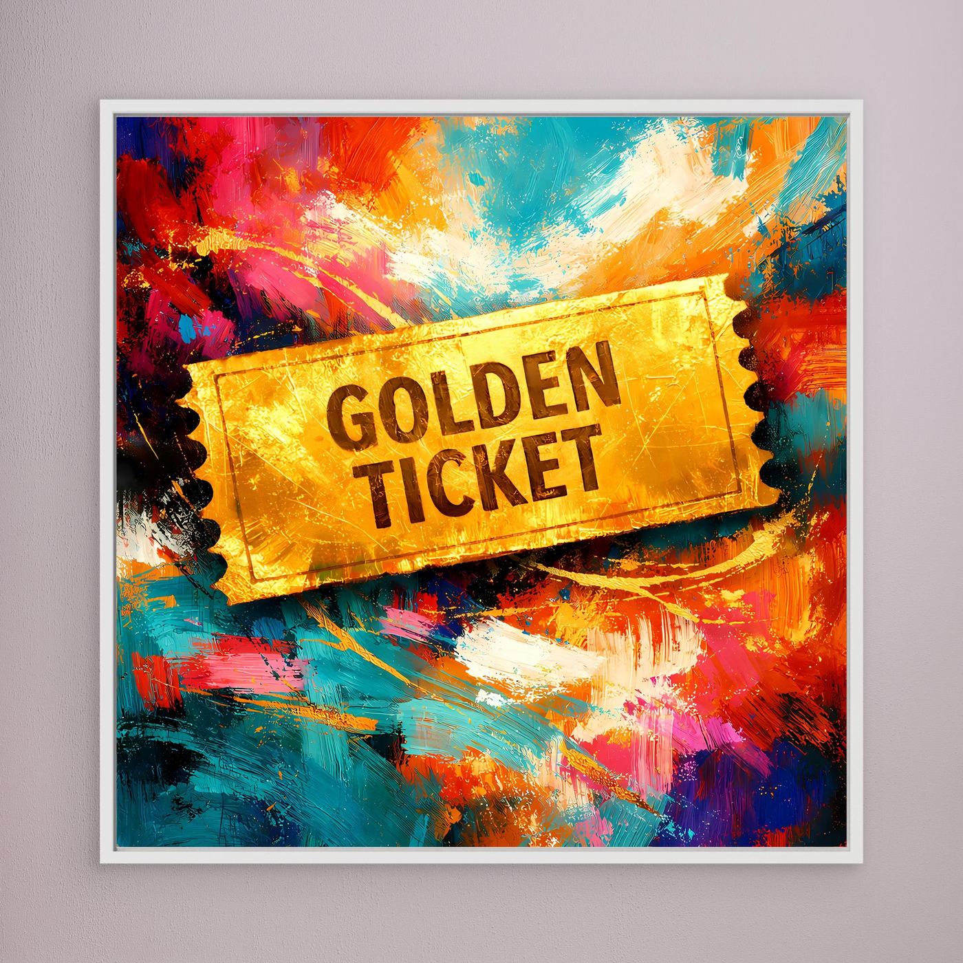 Gerahmtes Leinwandbild „Golden Ticket“ mit abstraktem Farbspritzer-Design