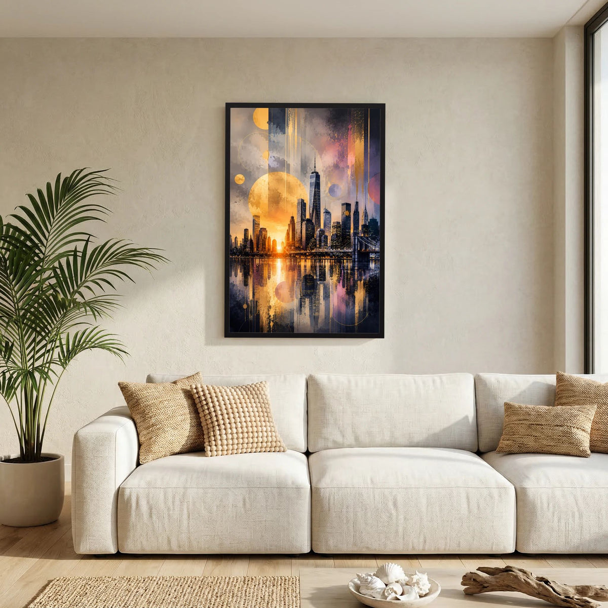 Hochformat-Poster in schwarzem Rahmen mit abstrakter New-York-Skyline und goldenem Licht