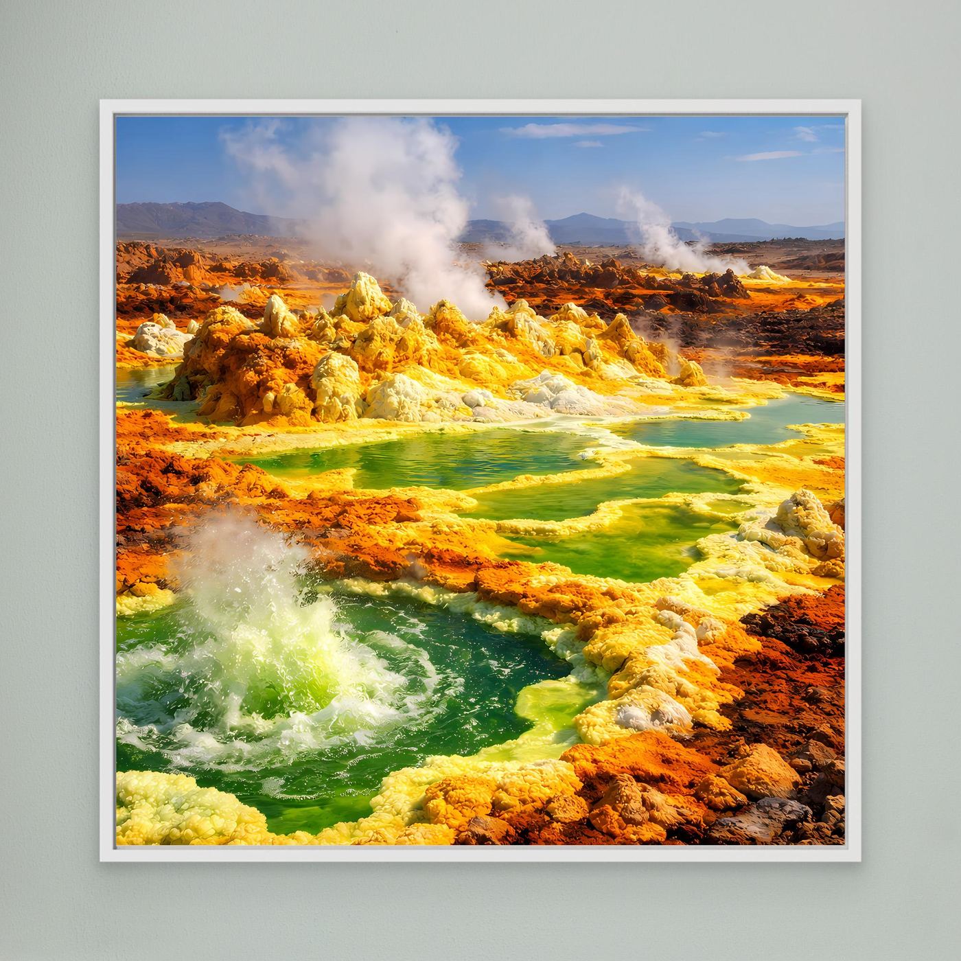 Gerahmtes Leinwandbild mit Dallol-Vulkan und hydrothermalen Quellen, leuchtende Farbtöne