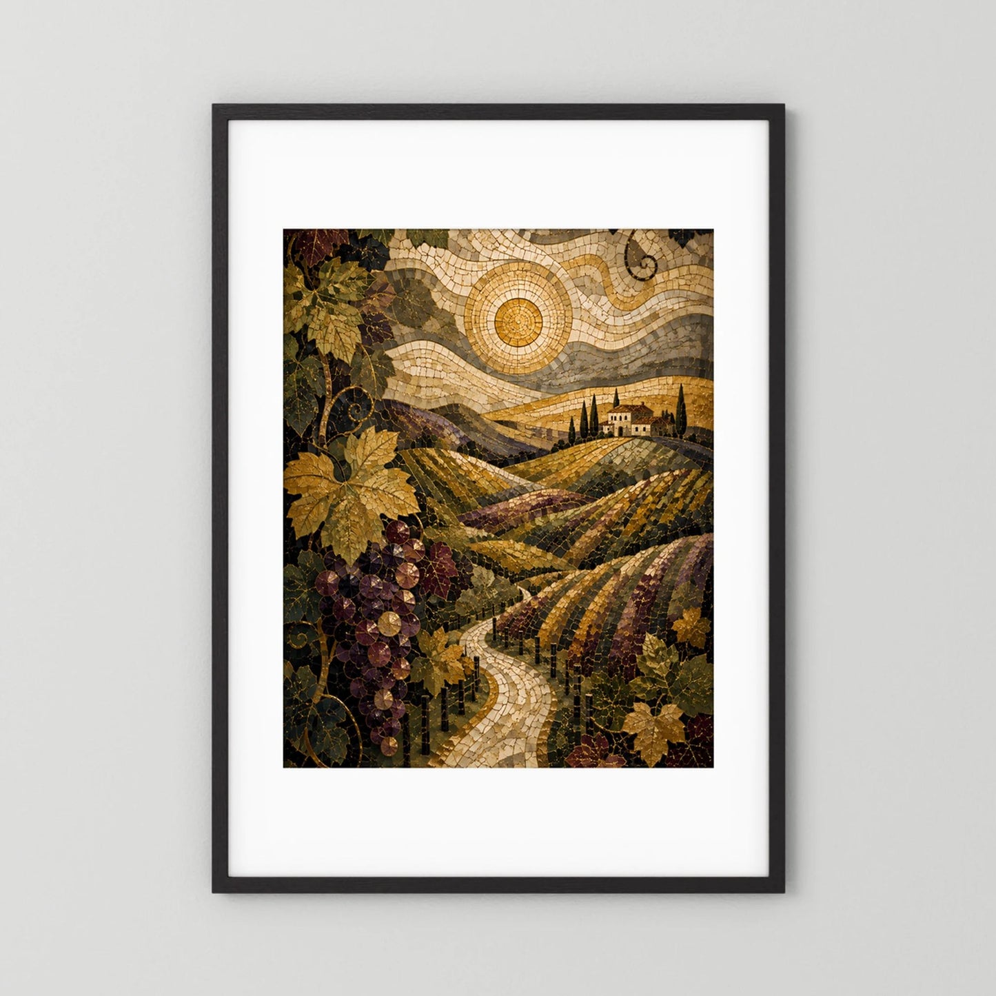 Gerahmtes Hochformat-Poster mit schwarzem Rahmen, toskanische Weinlandschaft im Mosaikstil