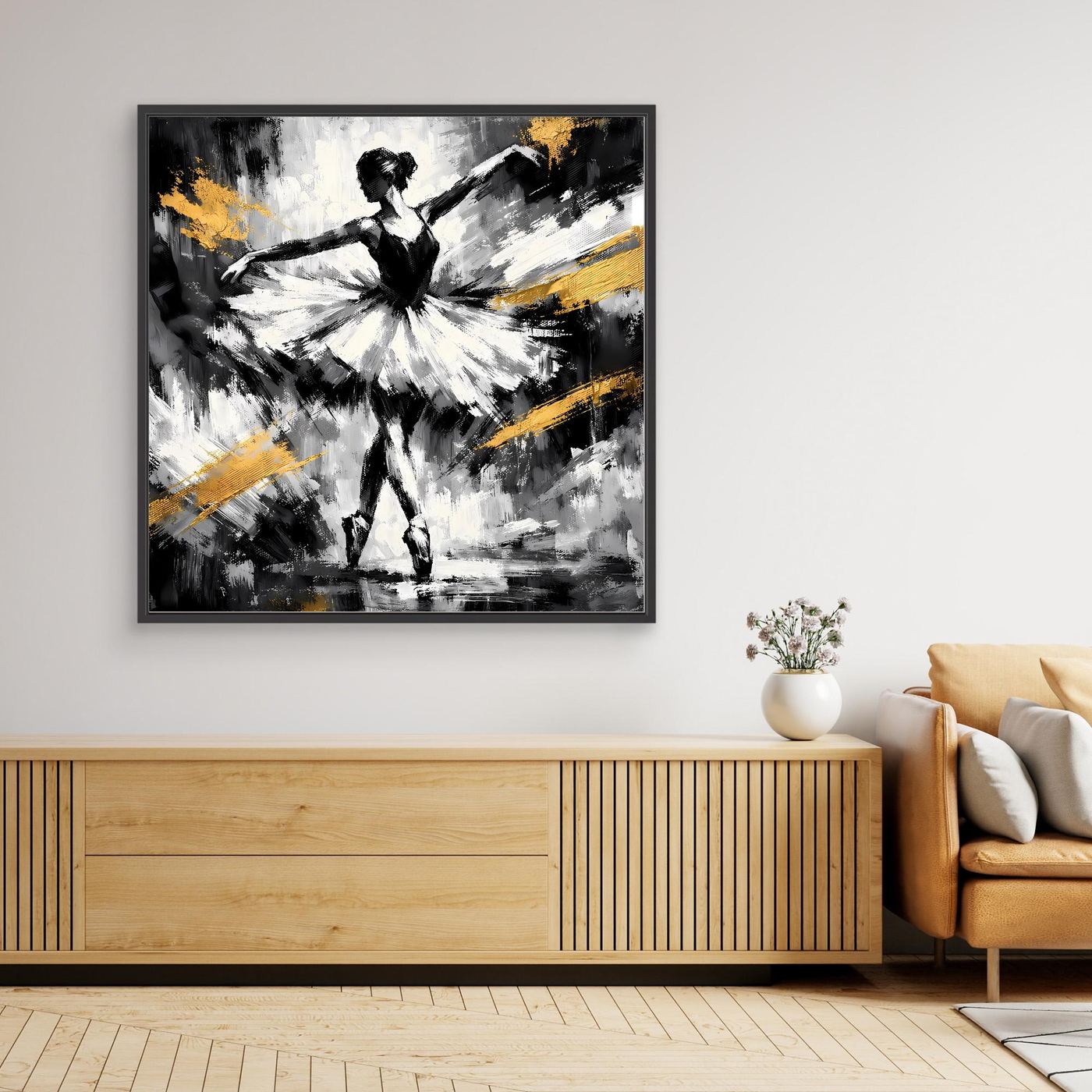 Leinwandbild Ballerina mit schwarz-weißer Tanzfigur und goldenen Akzenten, gerahmt