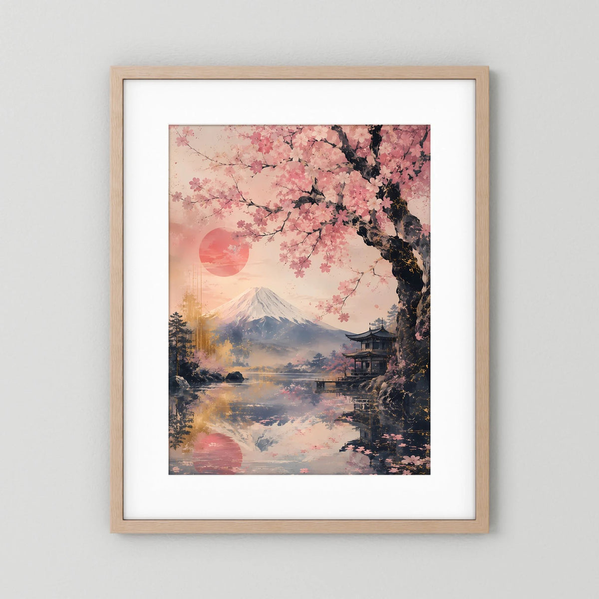 Hochformat-Poster im hellen Holzrahmen mit weißem Rand: Sakura, Fuji und Pagode