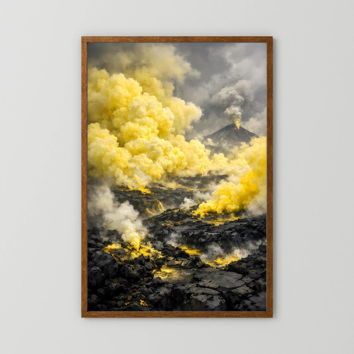 Die Kraft der Natur | Abstraktes Vulkan Poster in Gelb & Schwarz | Modernes Landschaftskunstposter Hochformat