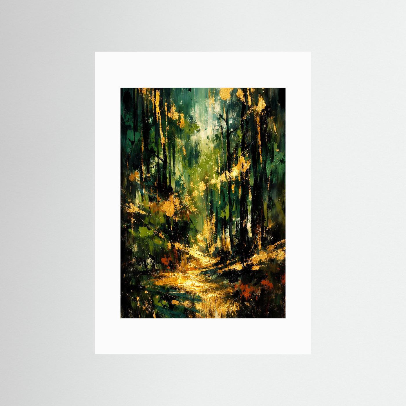 Naturposter im Hochformat: abstrakter Wald mit Smaragdgrün und Gold, mit weißem Passepartout