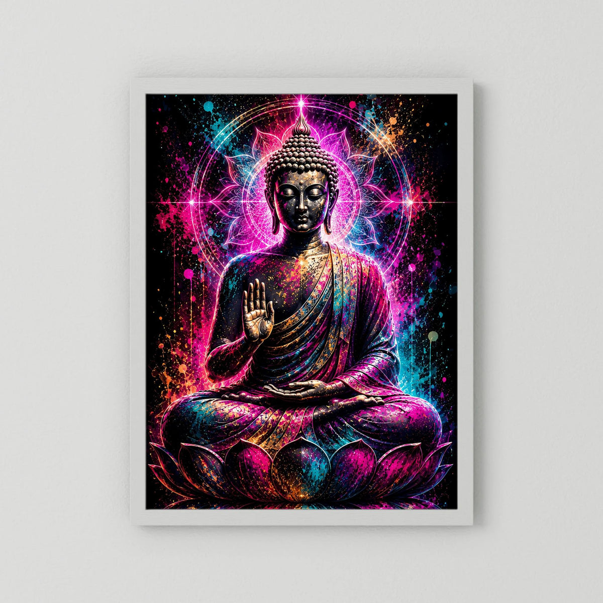Hochformatiges Buddha-Neonmandala-Poster im weißen Rahmen: Meditationsbuddha auf Lotus, pink/türkis Lichtmotiv