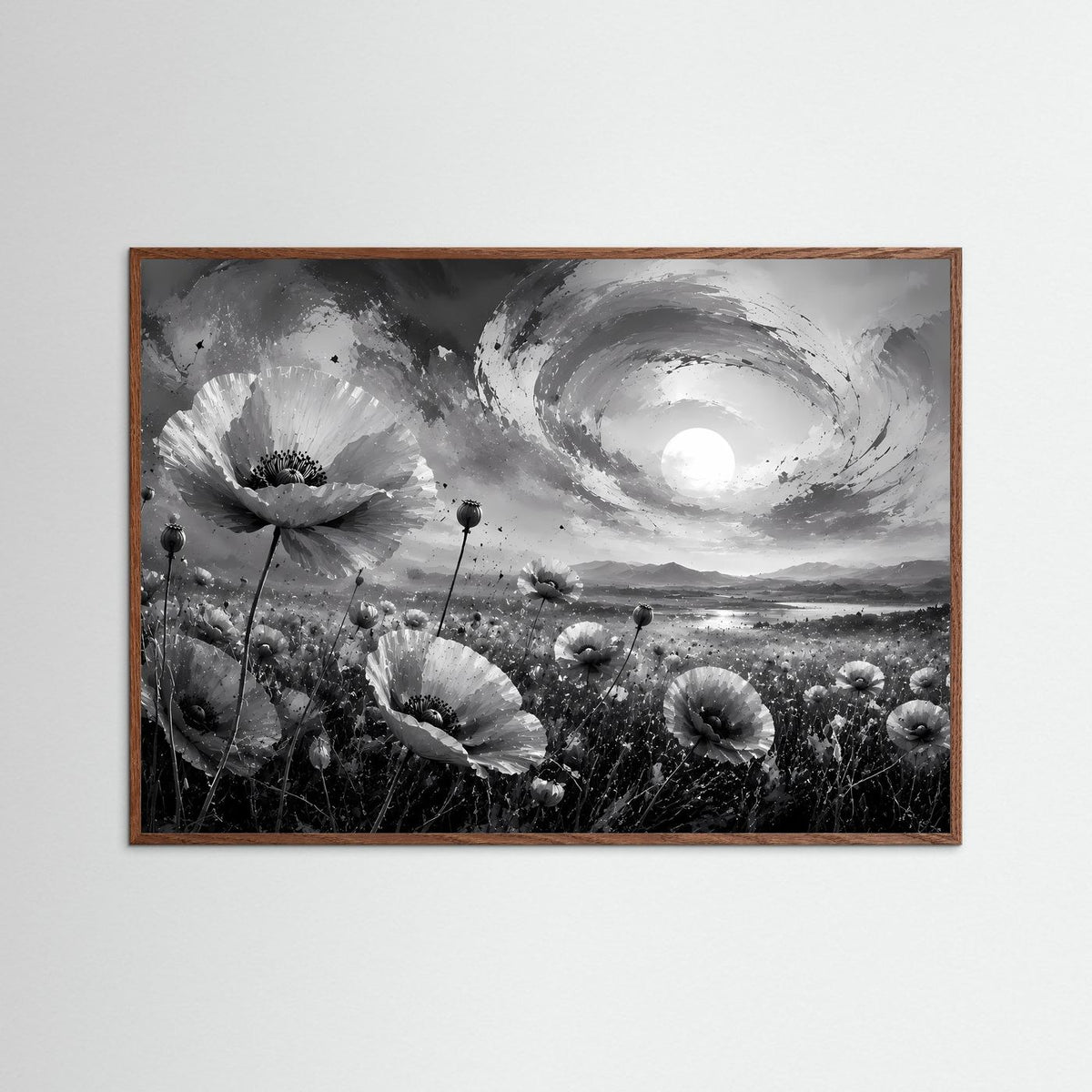 Schwarzweiß-Poster mit Mohnblumen und Vollmond im Wirbelwolkenhimmel, dunkelbrauner Holzrahmen