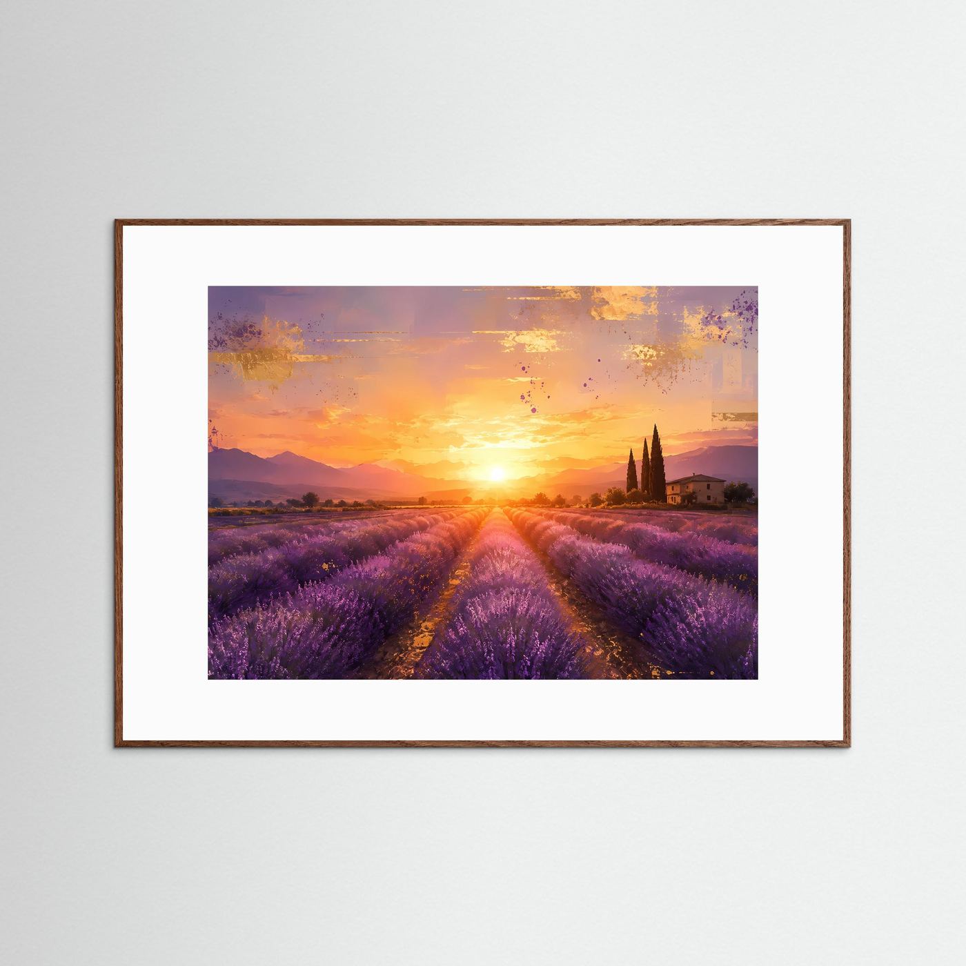 Lavendelfeld in der Provence bei Sonnenuntergang | Romantisches Poster in Lila & Gold | Panoramabild Querformat