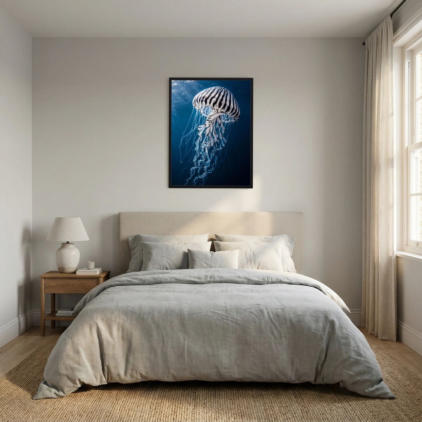 Hochformatiges Poster mit Qualle in Blau über dem Bett, schwarzer Rahmen