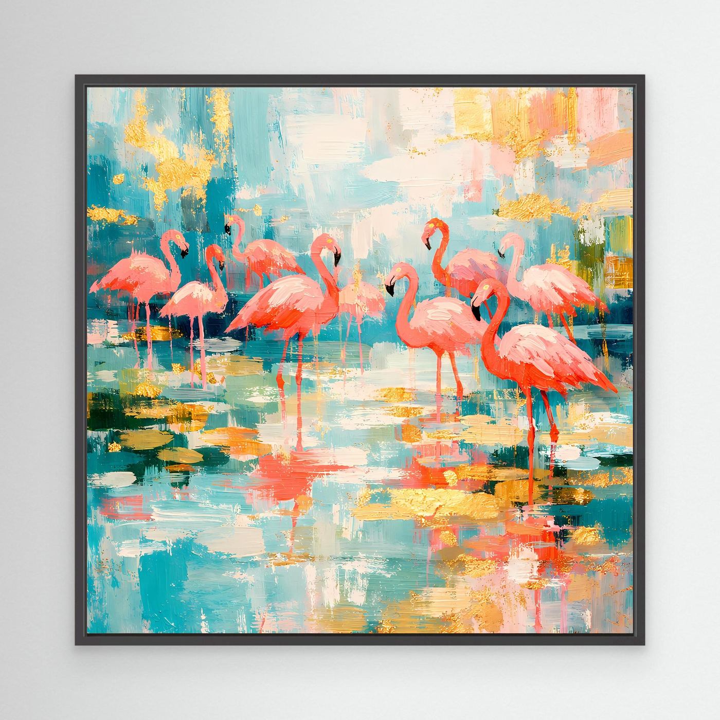 Leinwandbild mit bunten Flamingos auf abstraktem See im schwarzen Rahmen