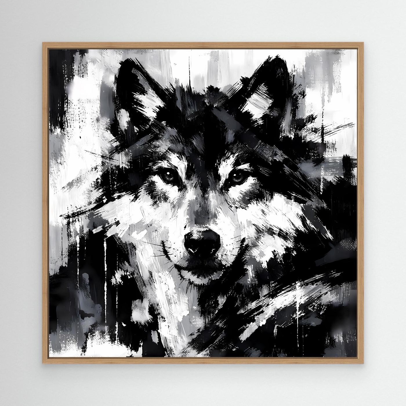Leinwand-Wandbild mit abstraktem Wolfsgesicht in Schwarzweiß, Eichenholzrahmen