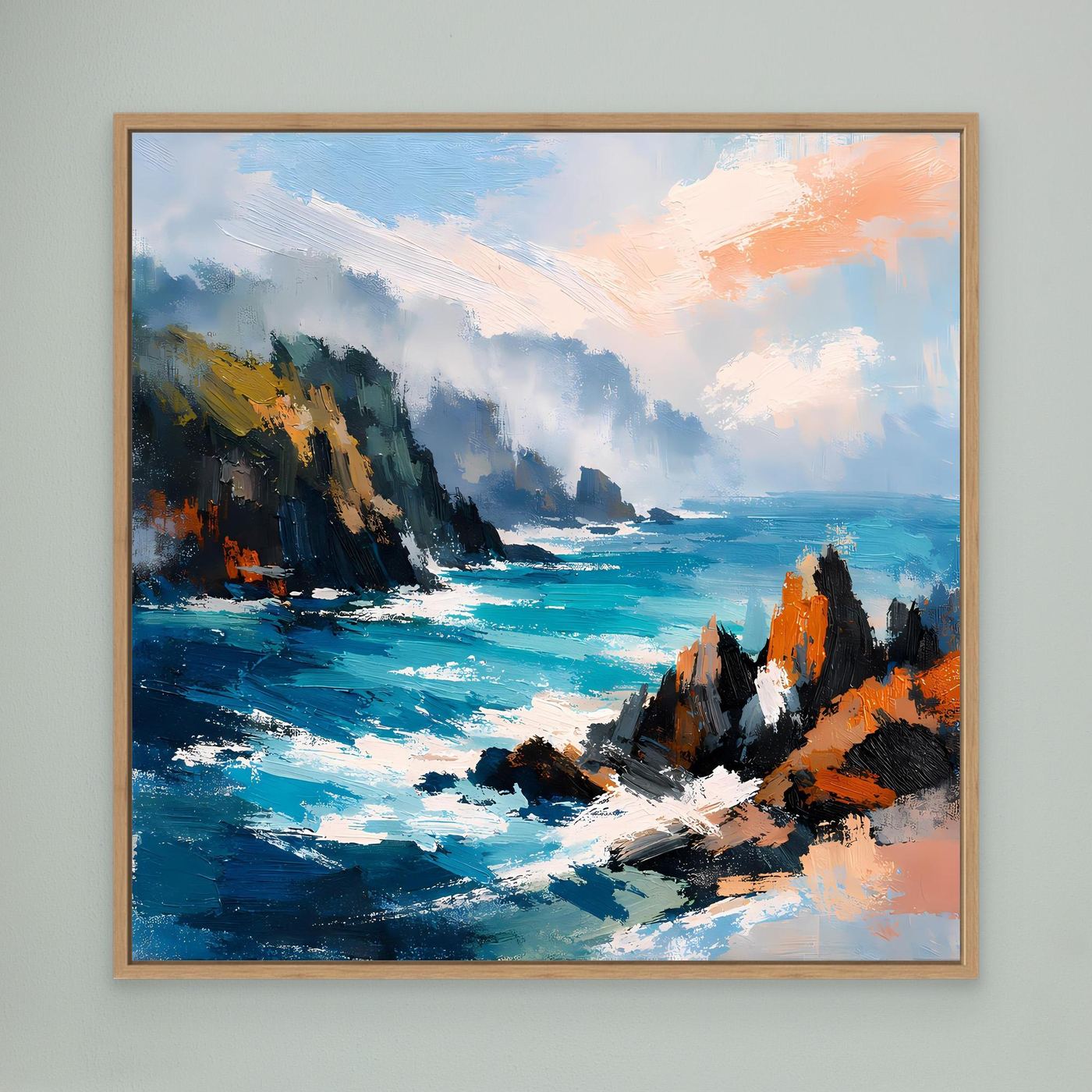 Leinwand-Wandbild mit abstrakter Steilküste und Meer im Eichenrahmen