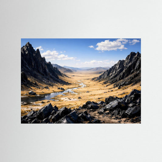 Querformatiges Poster mit Gebirgstal und Flusslauf, ohne Rahmen, blauer Rand