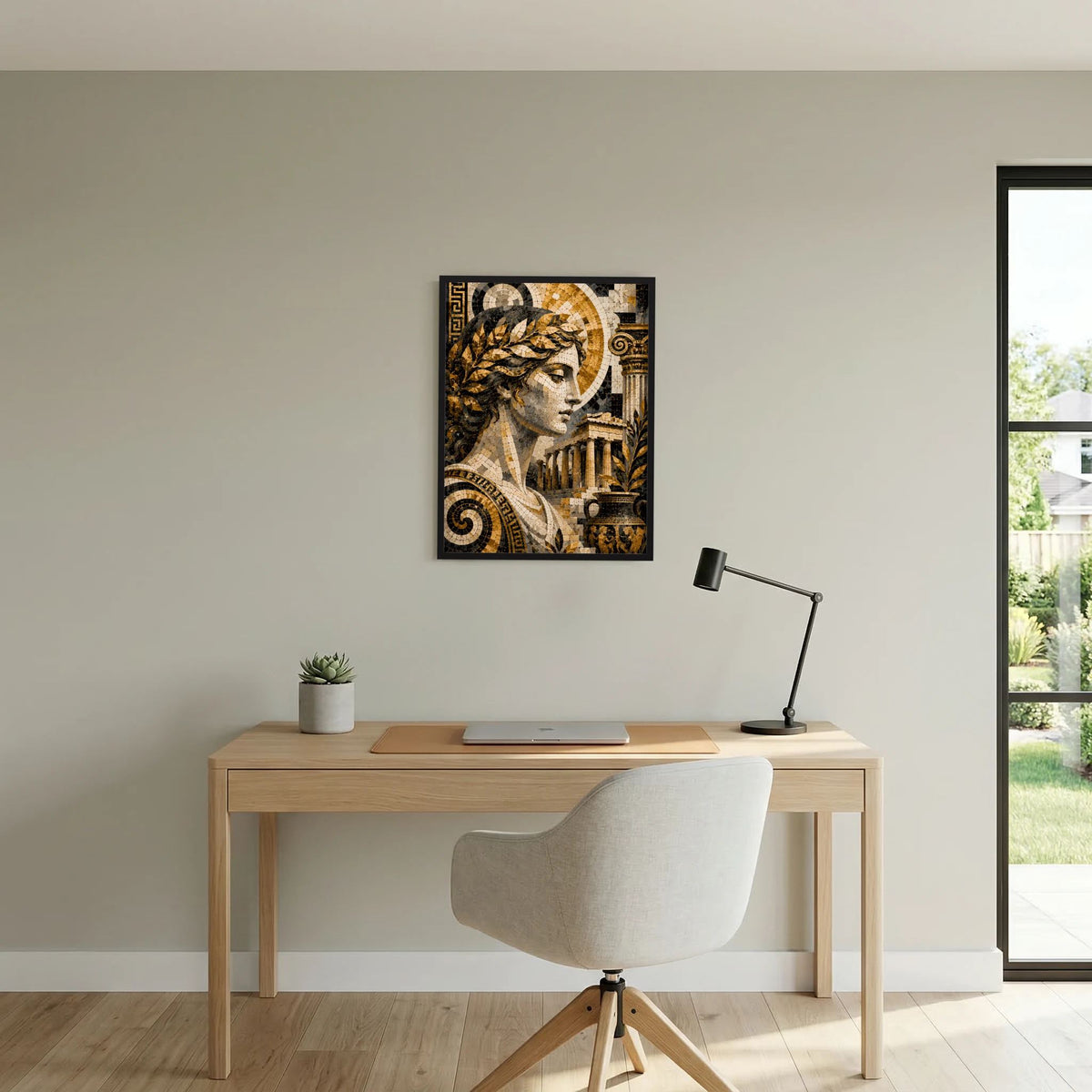 Poster mit antiker Mosaik-Göttin, Spiralmotive, gold-schwarzes Mosaik, im schwarzen Rahmen
