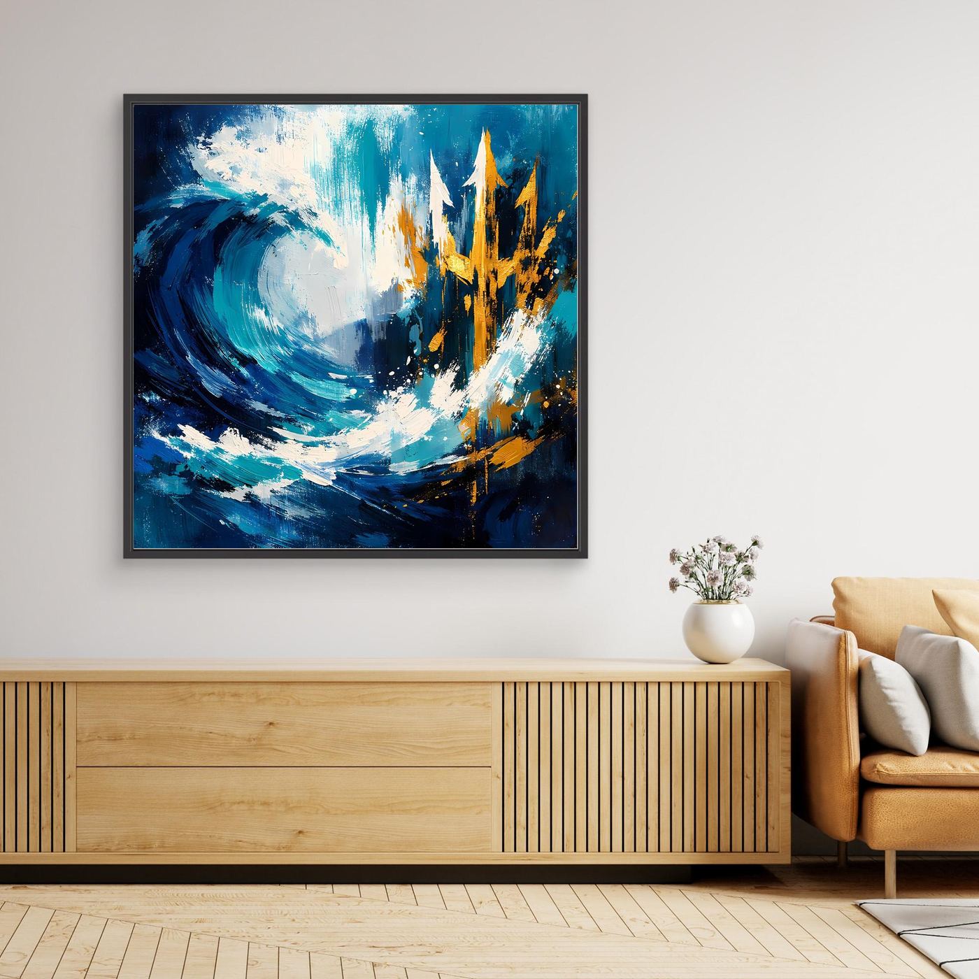 Black-framed wall art canvas with gold trident emerging from blue ocean waves.