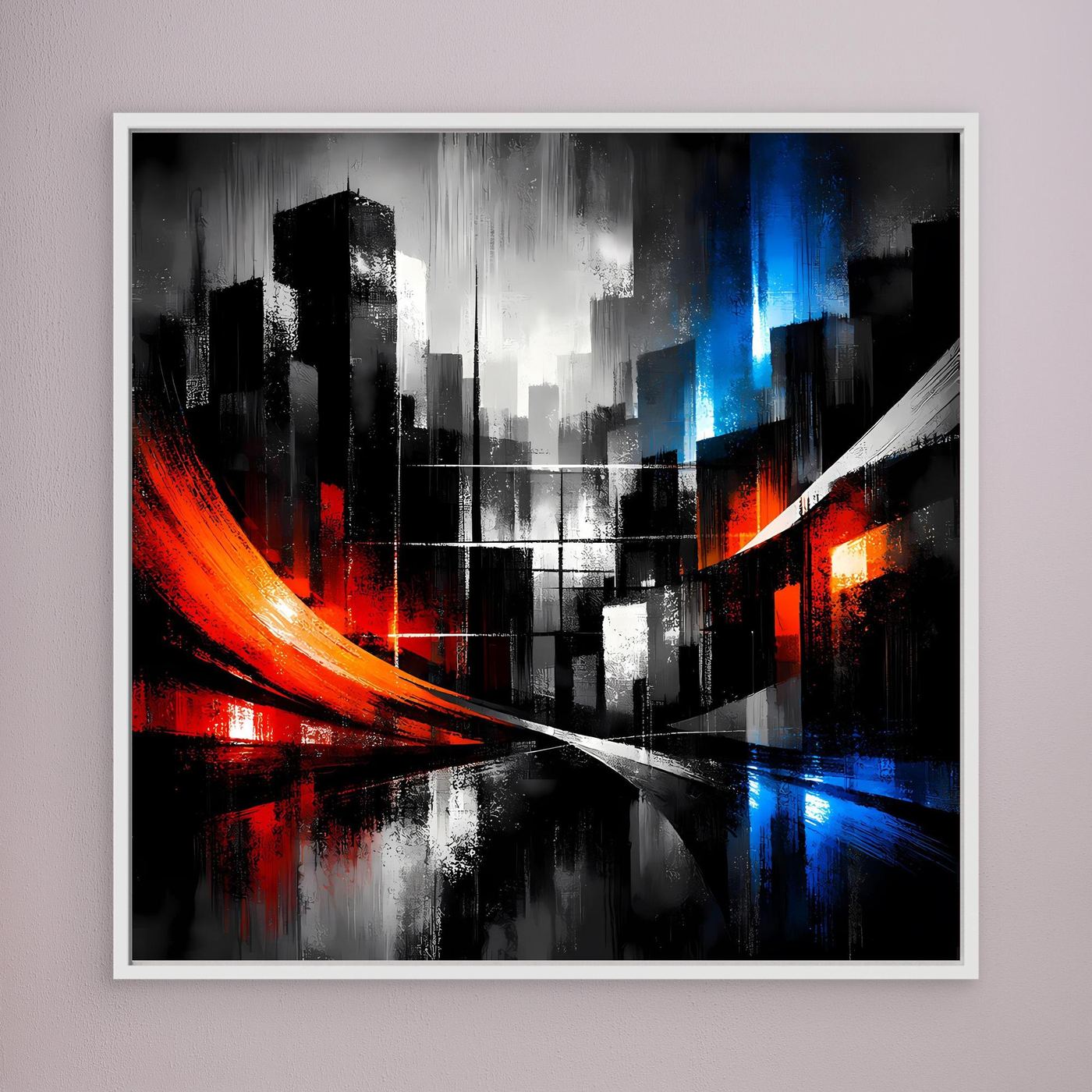 Leinwand-Wandbild mit abstrakter Skyline, rote und blaue Lichtspuren, weißer Rahmen