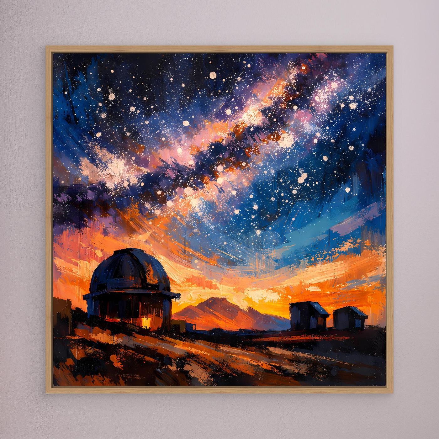 Wandbild: abstrakte Galaxie mit Sternen, Sternwarte mit Teleskop, goldbraun gerahmt