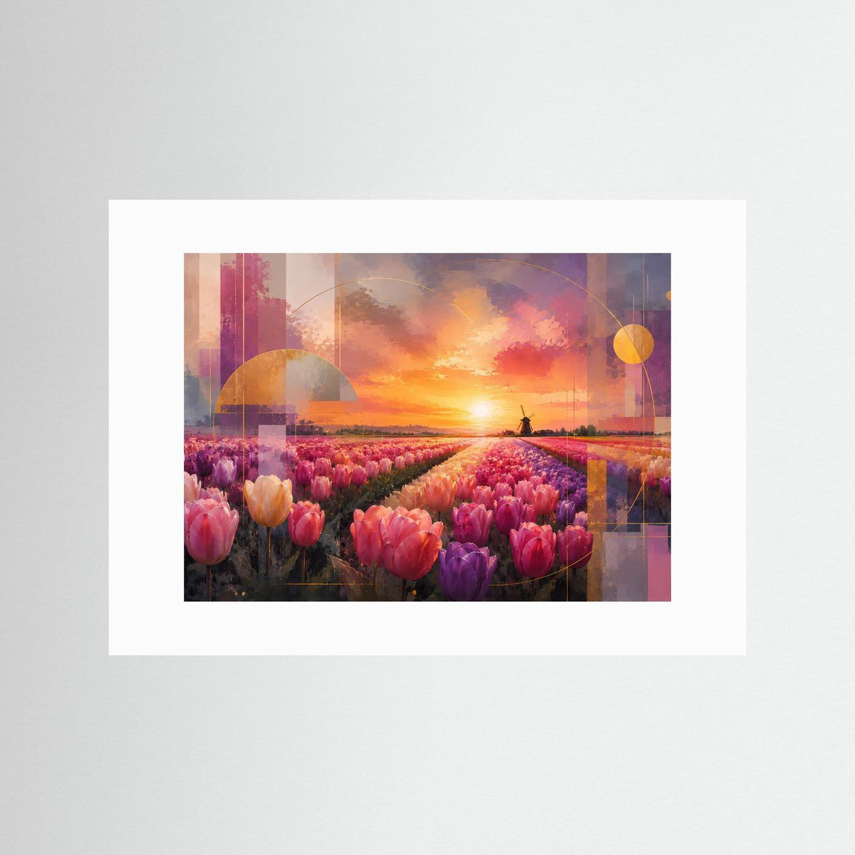 Poster mit Tulpenlandschaft, Windmühle und Sonnenuntergang in Rosa und Gold, mit weißem Passepartout