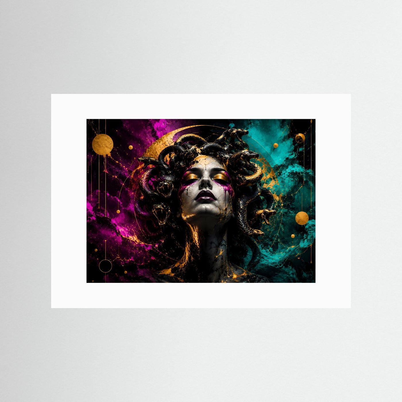 Medusa in Magenta & Türkis | Mystische Schlangenkunst mit Gold