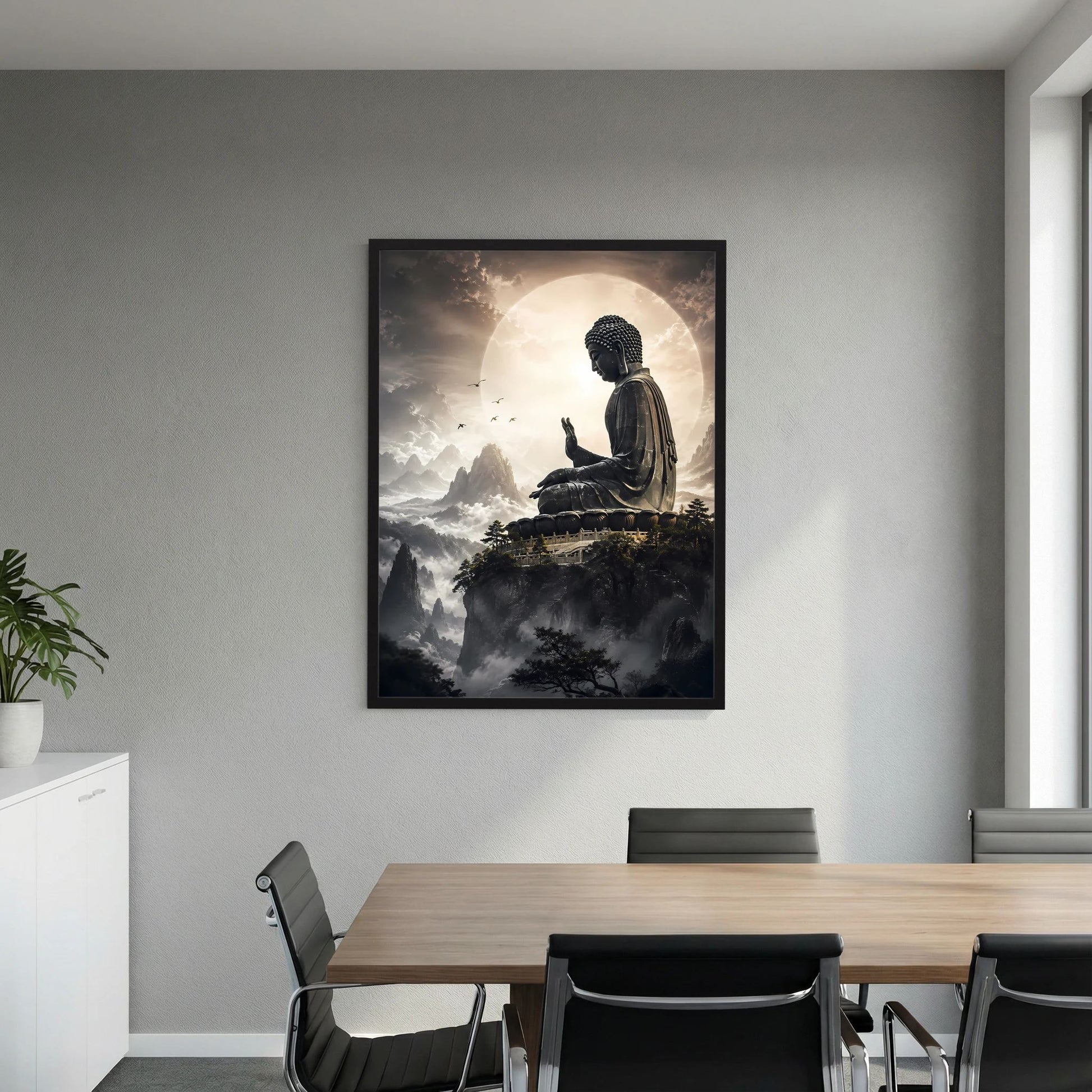 Hochformat-Poster: sitzender Buddha über Wolken, mit hellem Kreis als Lichtquelle