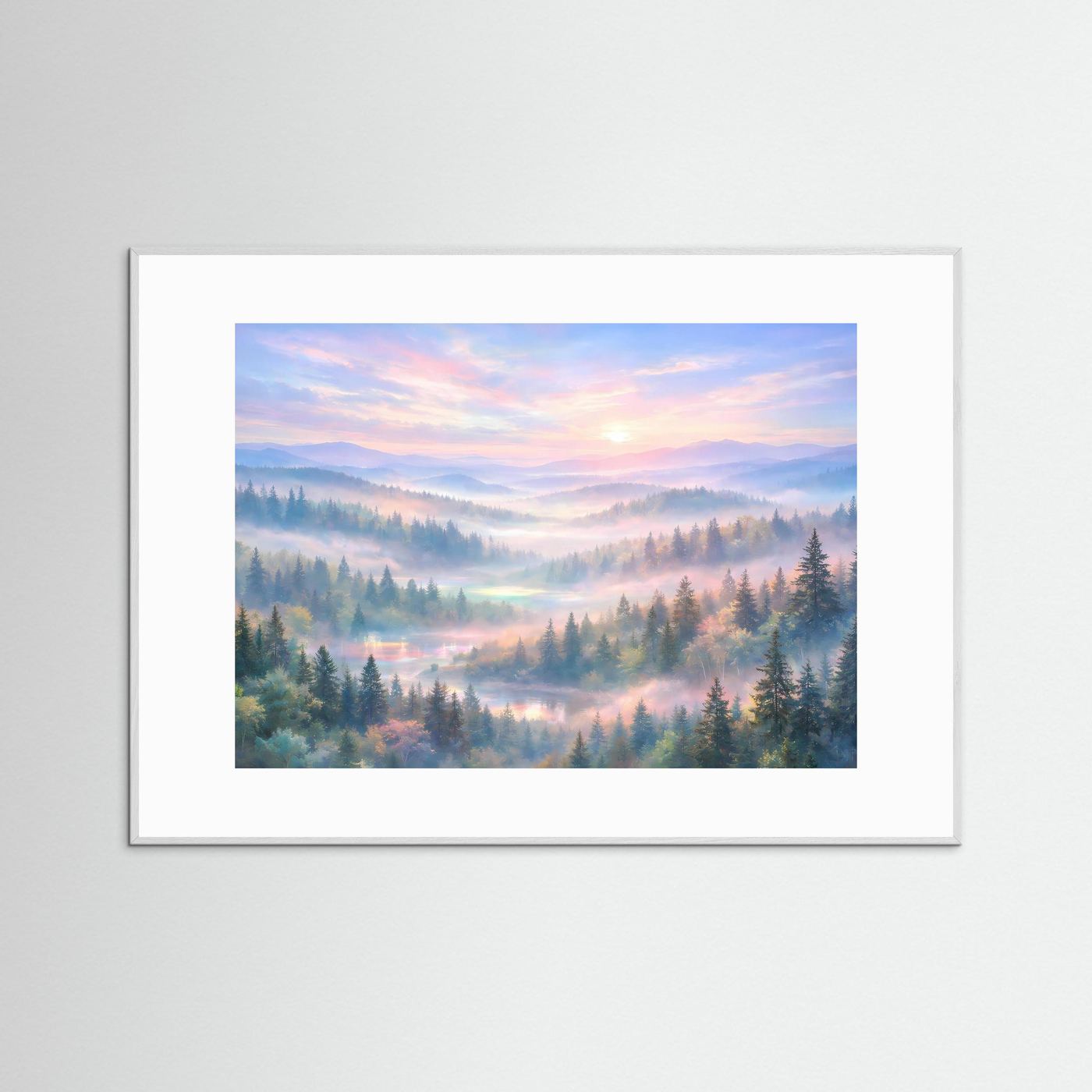 Querformatiges Landschaftswandbild mit Wald und Sonnenaufgang im weißen Rahmen