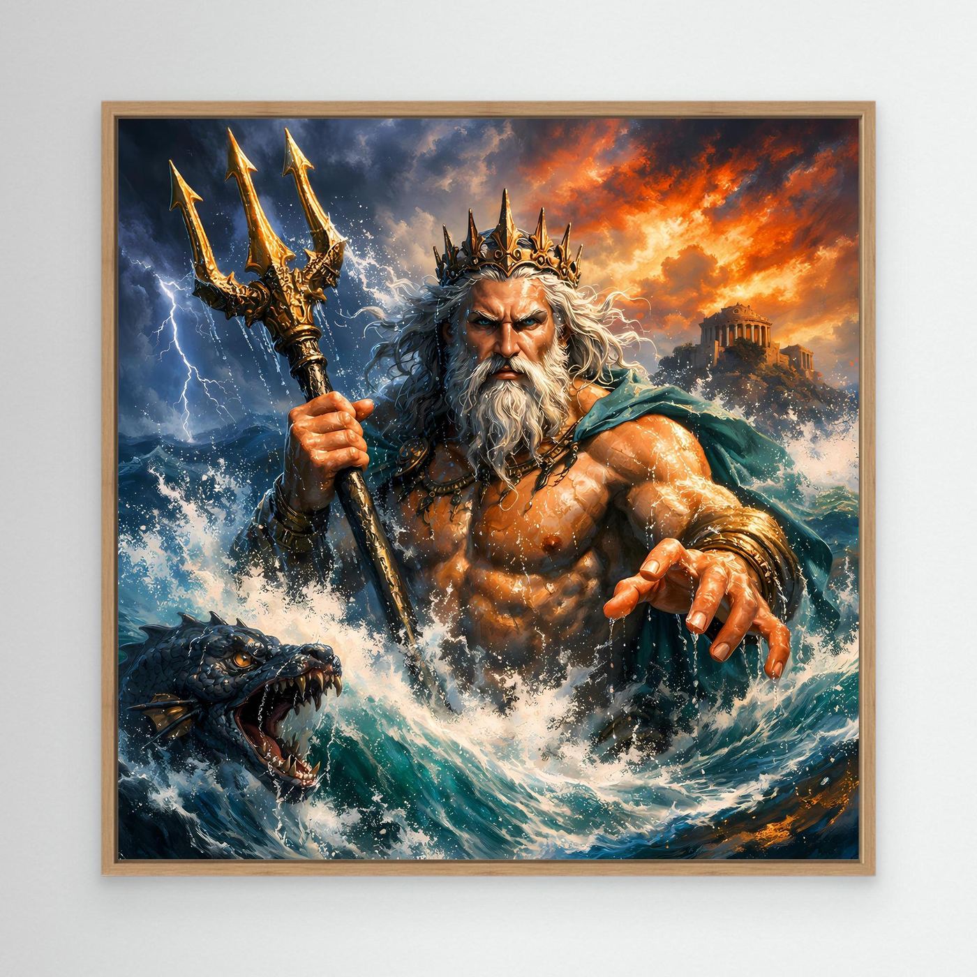 Leinwand Monumentaler Poseidon im Wellenrausch | Mythisches Meeresgott Wandbild