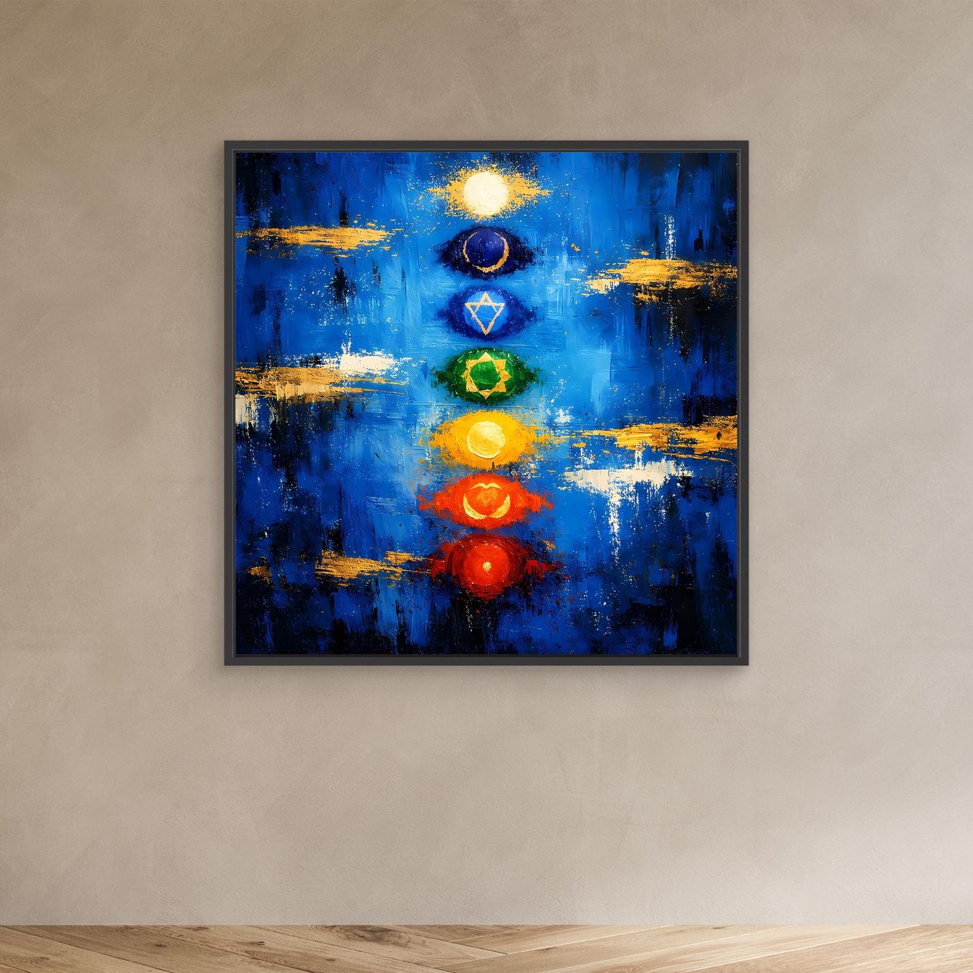 Leinwand Sieben Chakren auf tiefem Blau | Modernes Abstraktes Yoga Wandbild