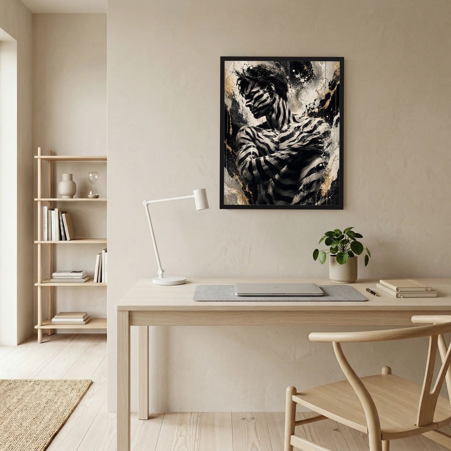 Wandkunst im schwarzen Rahmen mit Zebra-Figur, schwarzweiße Streifen und Spritzungen