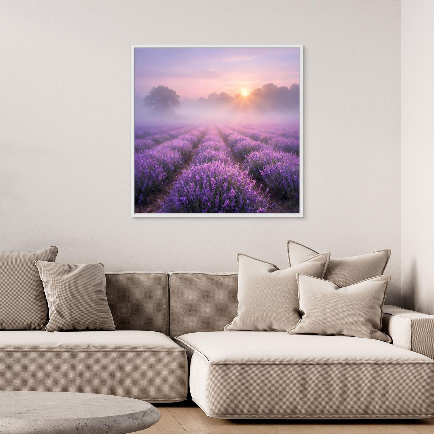 Quadratisches Leinwandbild Lavendelfeld im Nebel mit Sonnenaufgang, weißer Rahmen