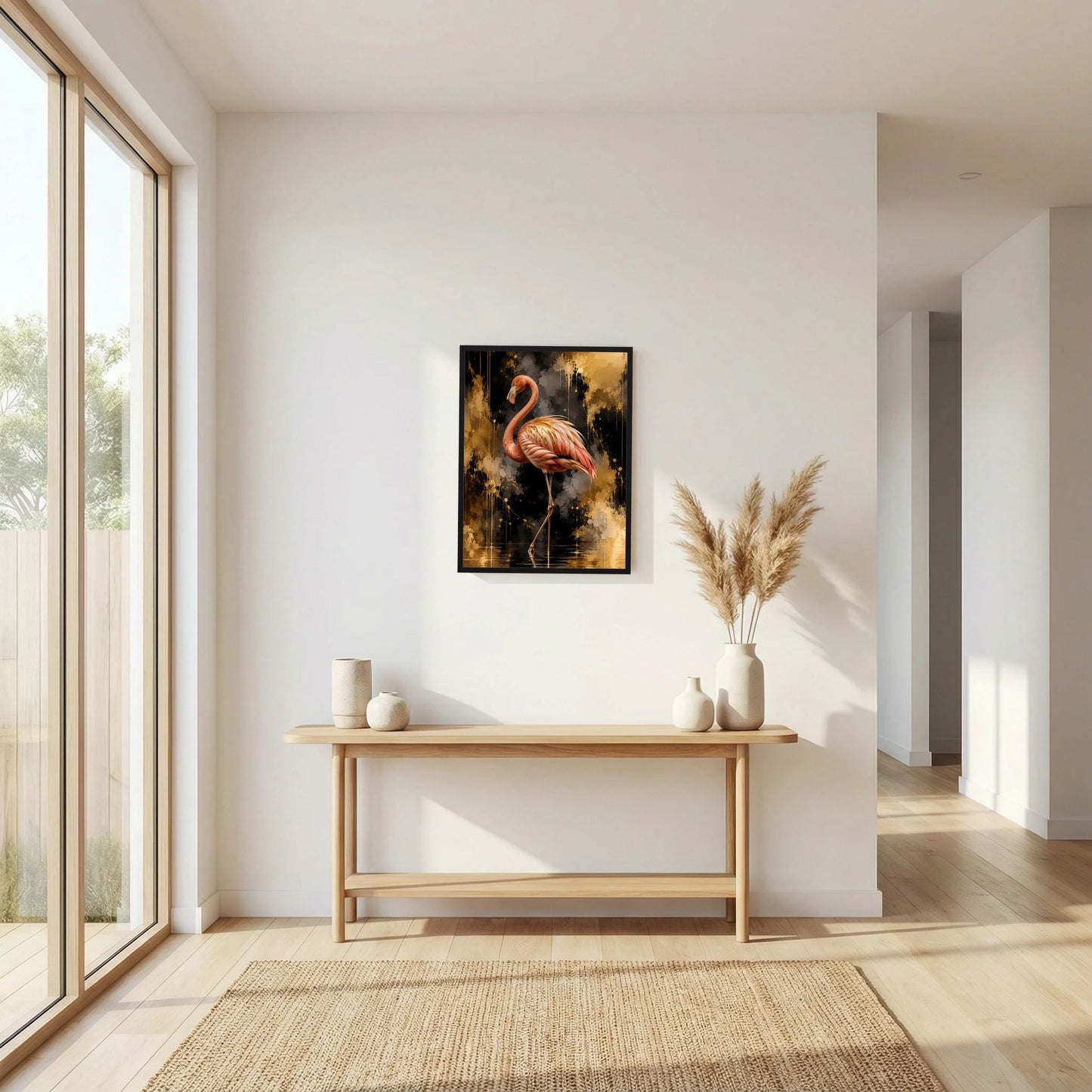Poster im Hochformat mit Flamingo, gold-schwarz abstraktes Motiv, schwarz gerahmt