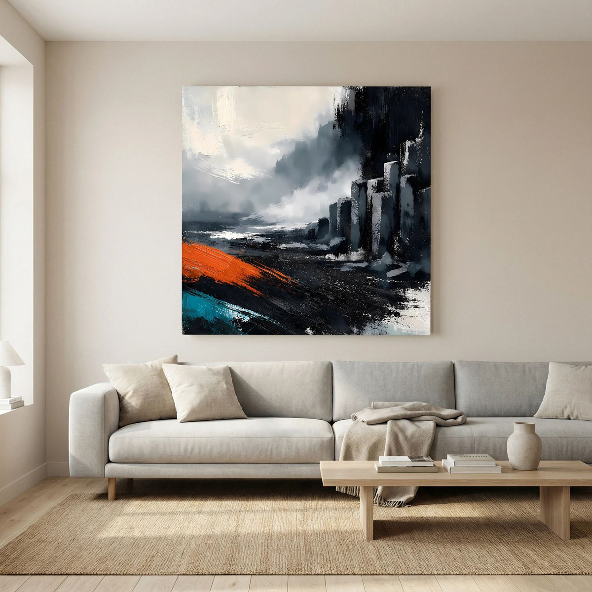 Leinwand Abstraktes Basaltsäulen Gemälde | Modernes Isländisches Vulkan Wandbild Schwarz Orange