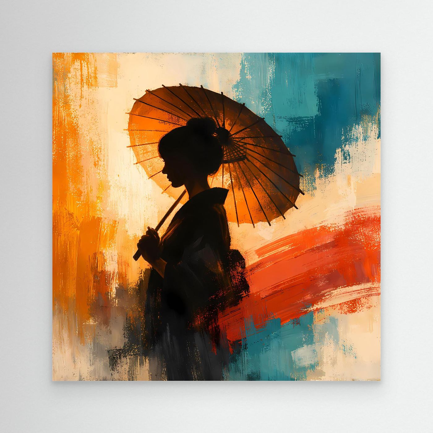 Leinwand Elegante Frau mit Sonnenschirm | Ästhetisches Japanisches Wandbild auf Keilrahmen