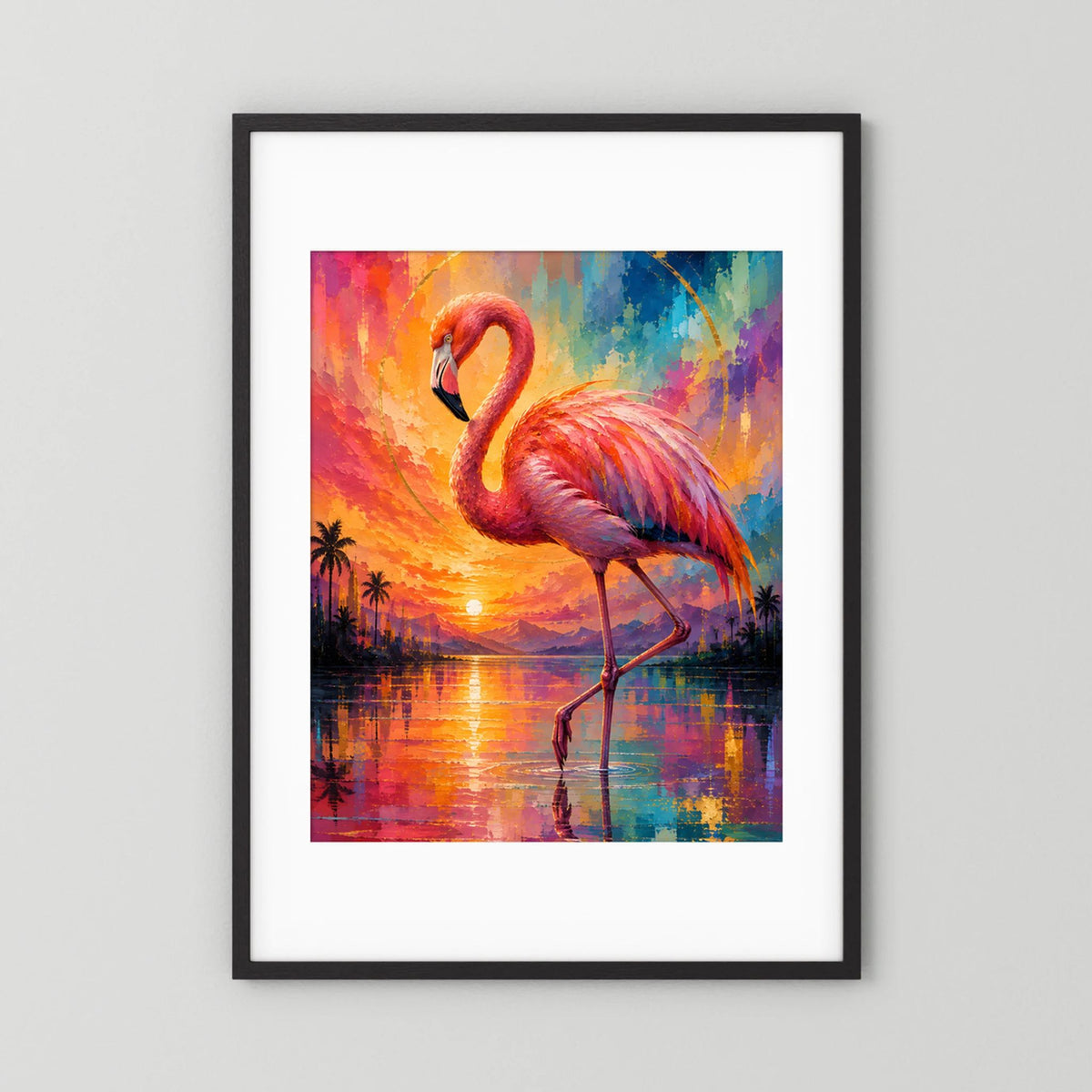 Kunstposter im Hochformat mit Flamingo-Motiv, schwarzer Holzrahmen
