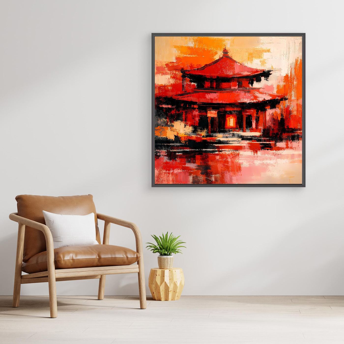 Gerahmtes Leinwandbild mit roter Pagode und Tempel, dunkler Rahmen