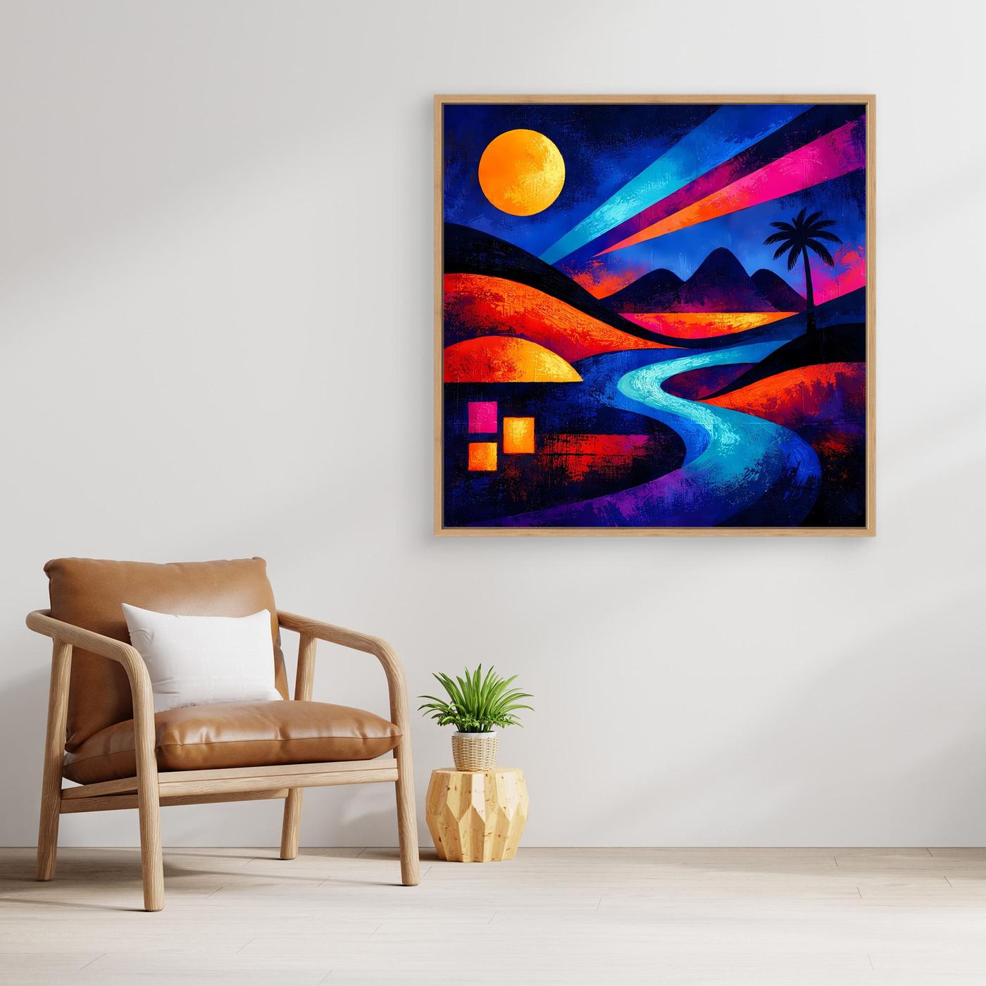 Gerahmtes Leinwandbild mit Holzrahmen: geschwungener Fluss, Palmen und orange Mond