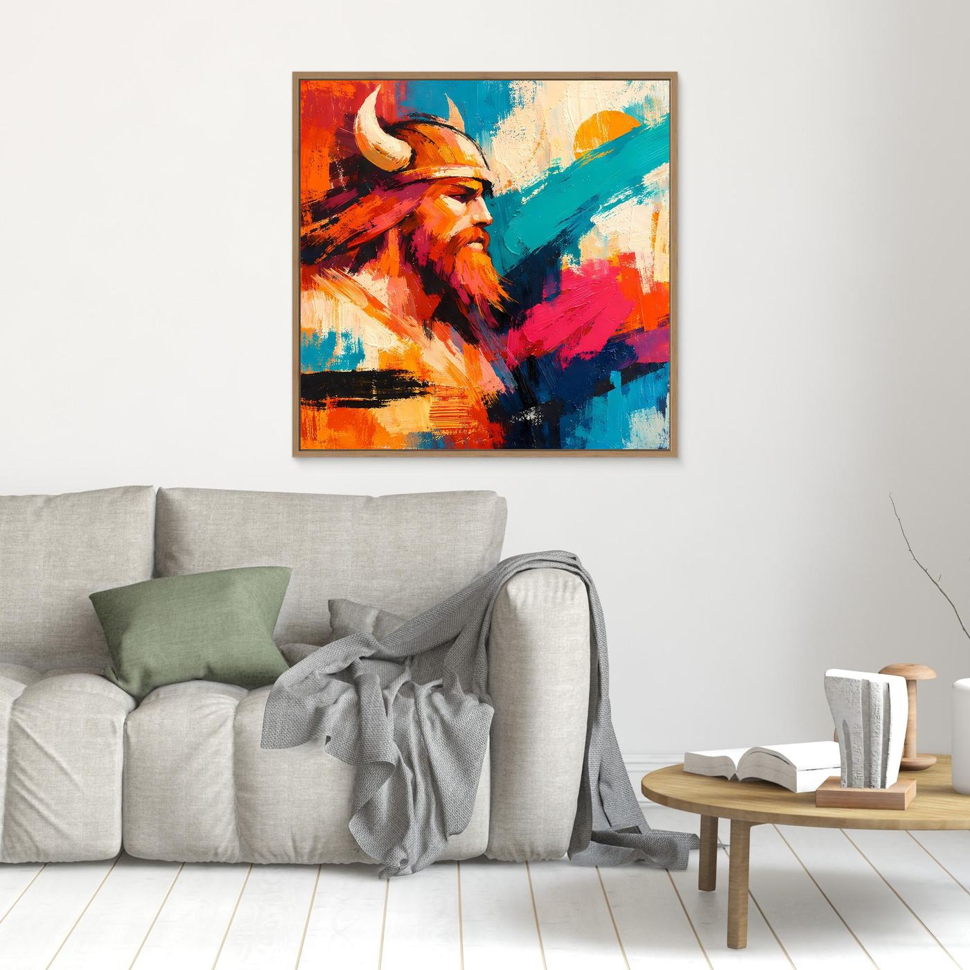 Quadratisches Wandbild mit abstraktem Wikingerprofil in Orange, Blau und Pink, braun gerahmt