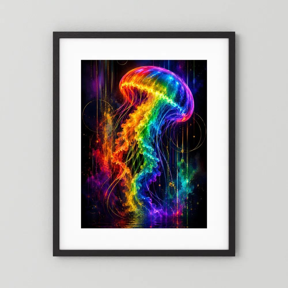 Neon-Quallenposter mit Regenbogenquappe im schwarzem Rahmen und weißem Passepartout