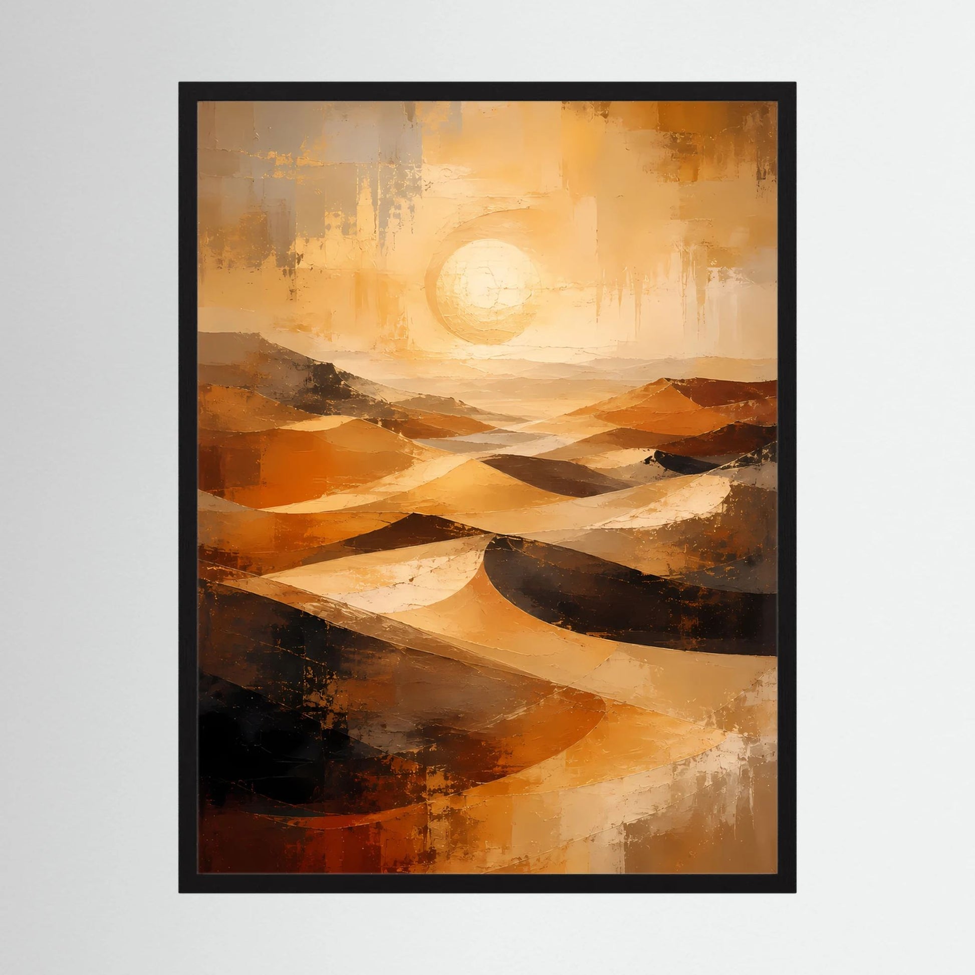 Hochformat-Poster mit abstrakter Wüstenlandschaft in Gold- und Orangetönen, schwarzem Rahmen