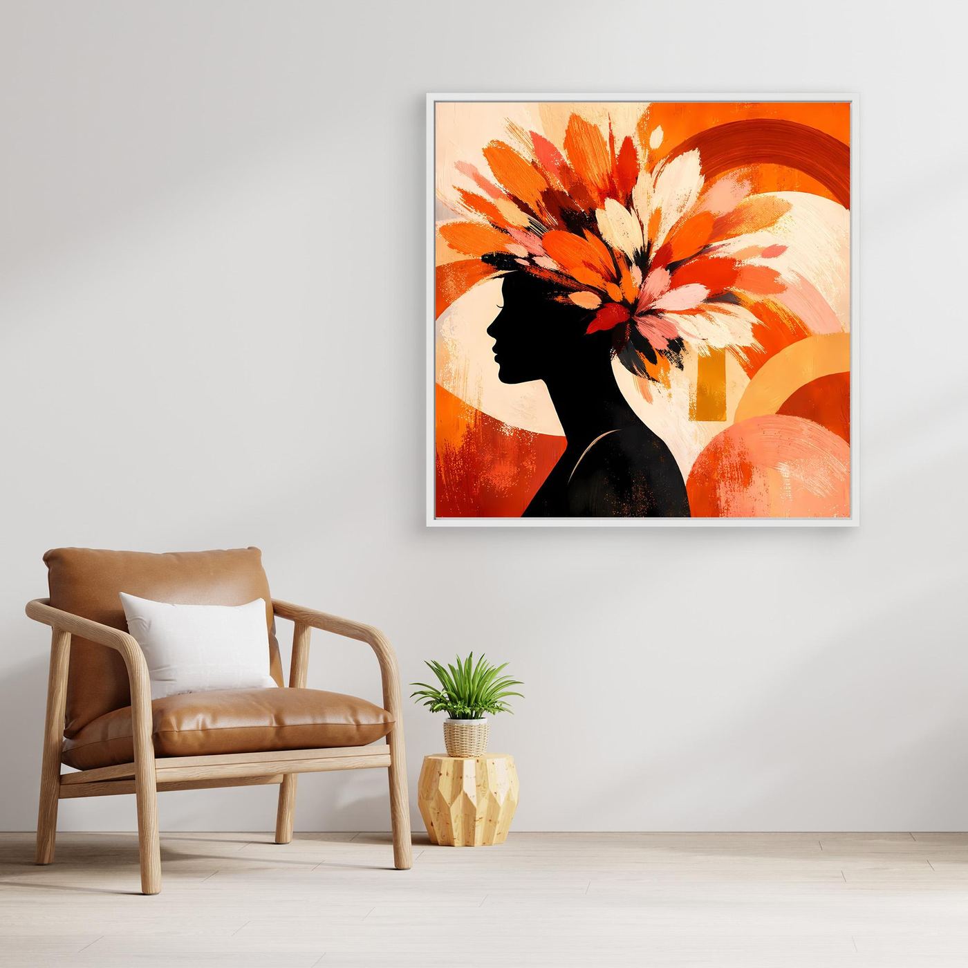 Leinwandbild: Frauen-Silhouette im Profil mit Blumenstrauß in warmen Orange- und Weißtönen, Holzrahmen