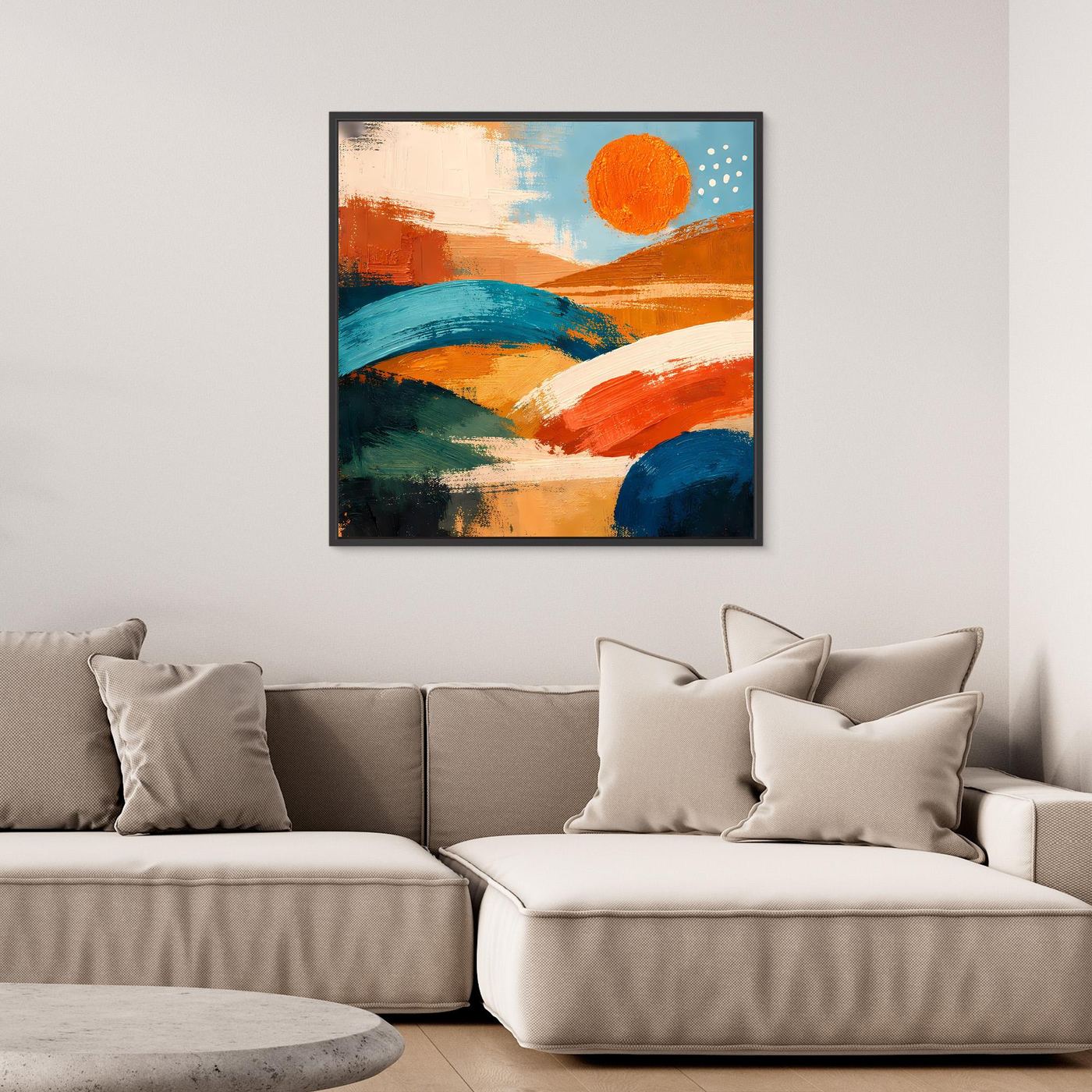 Framed abstract landscape wall art, square view with orange sun and blue-orange rolling hills.