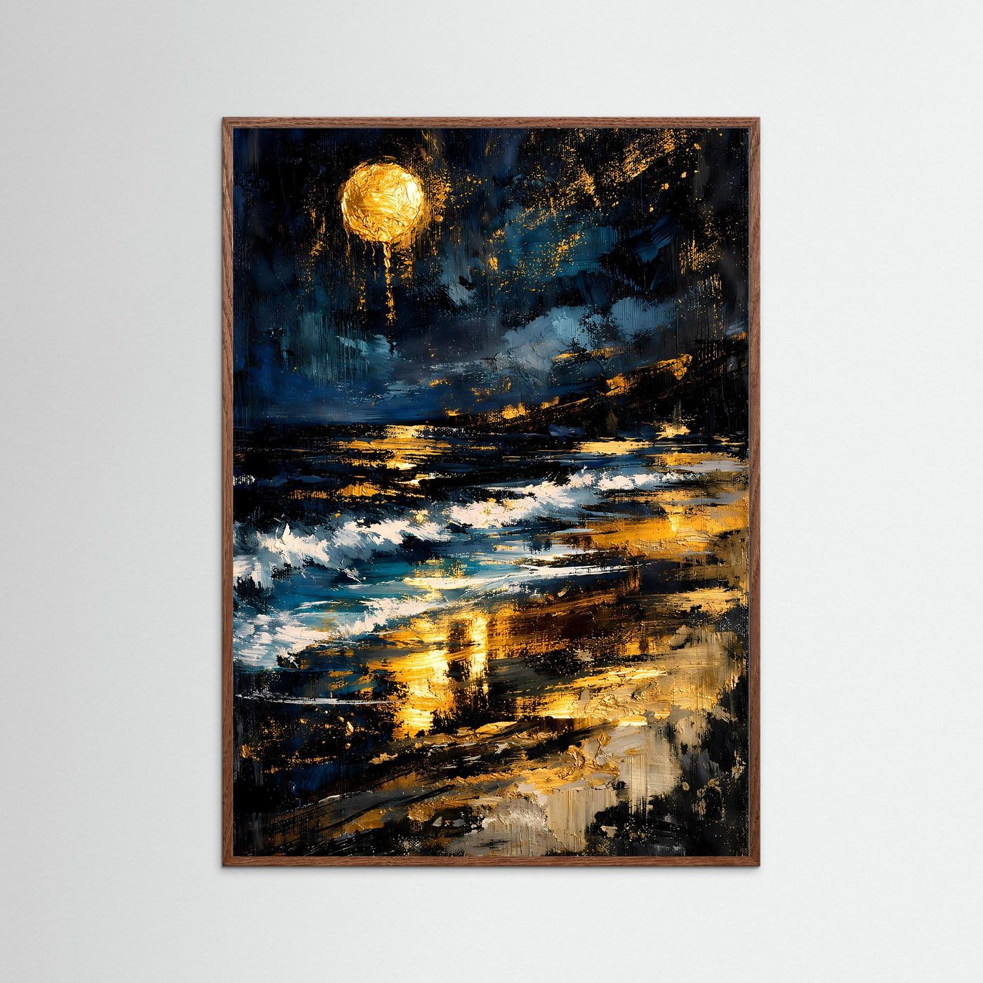 Abstraktes Poster: Meer mit Vollmond, dunkelblau-gold-schwarz, brauner Holzrahmen