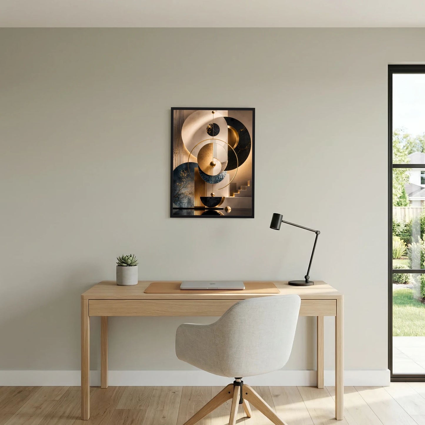 Vertikales Poster mit abstrakten goldenen Kreisen in Schwarz, Beige und Petrol, im schwarzen Rahmen