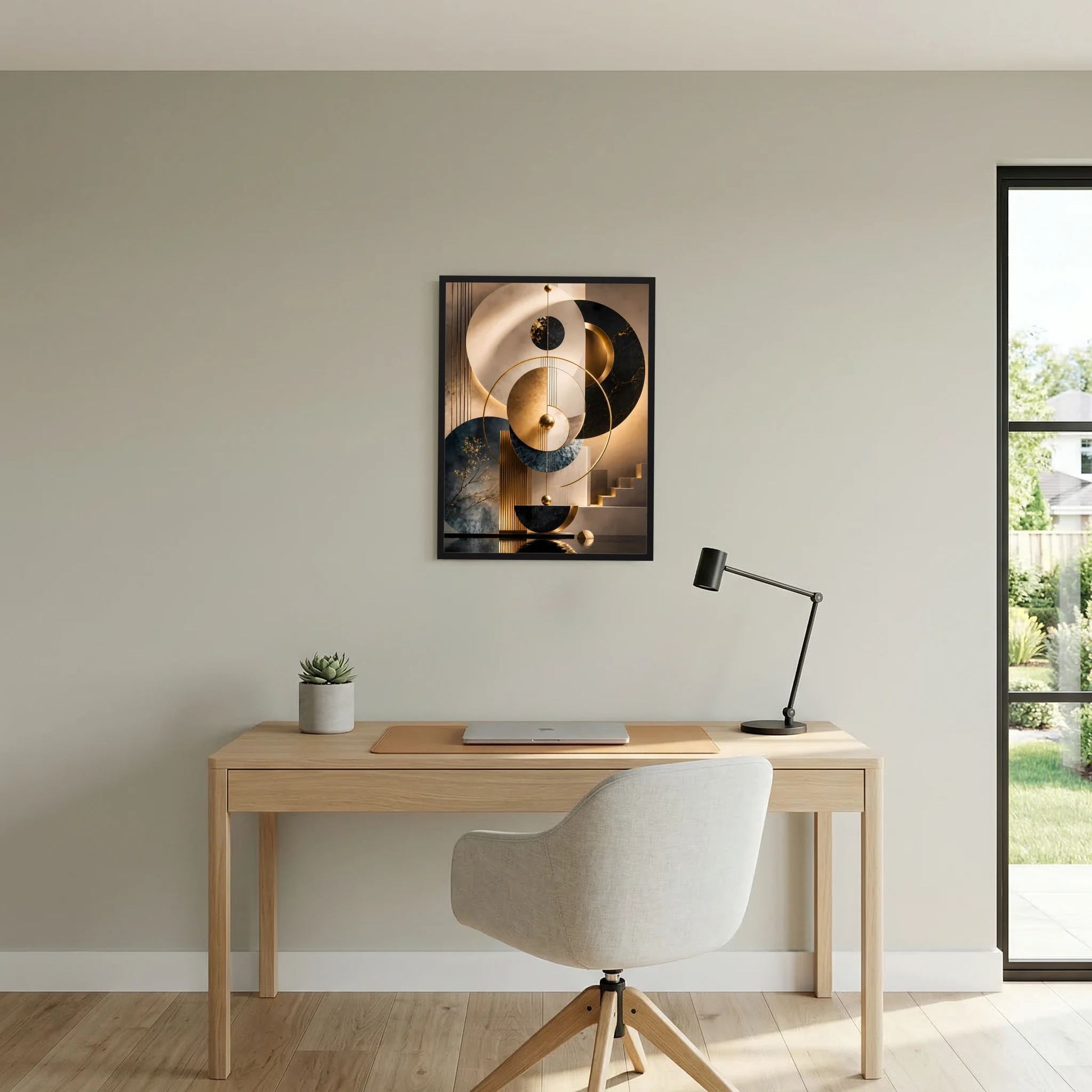 Vertikales Poster mit abstrakten goldenen Kreisen in Schwarz, Beige und Petrol, im schwarzen Rahmen