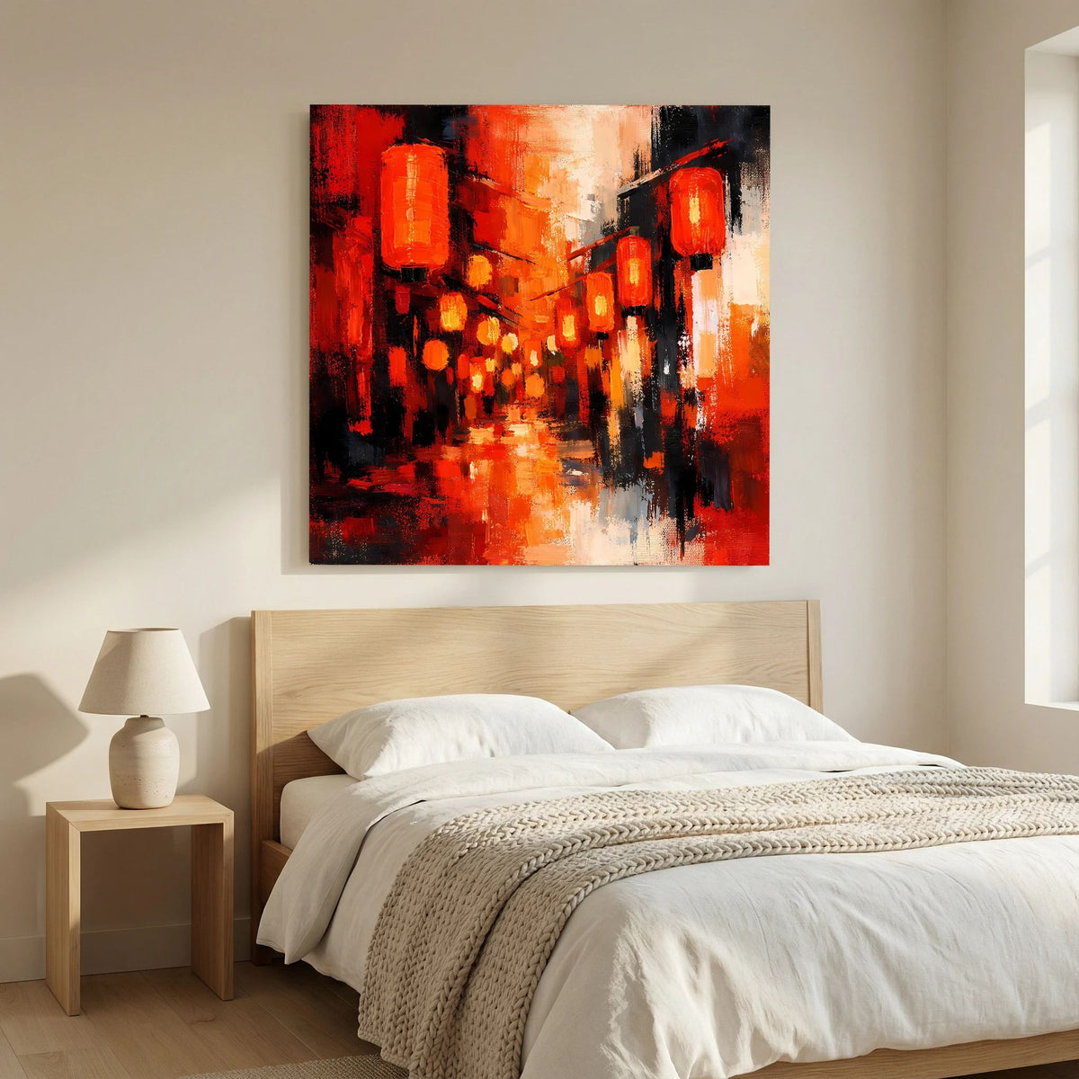 Gerahmtes Leinwandbild mit roten Lampions in abstrakter Gasse, warmes Lichtspiel, rechteckig