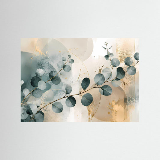 Eukalyptus-Wandkunst ohne Rahmen, abstrakte Eukalyptuszweige in Blaugrün und Gold