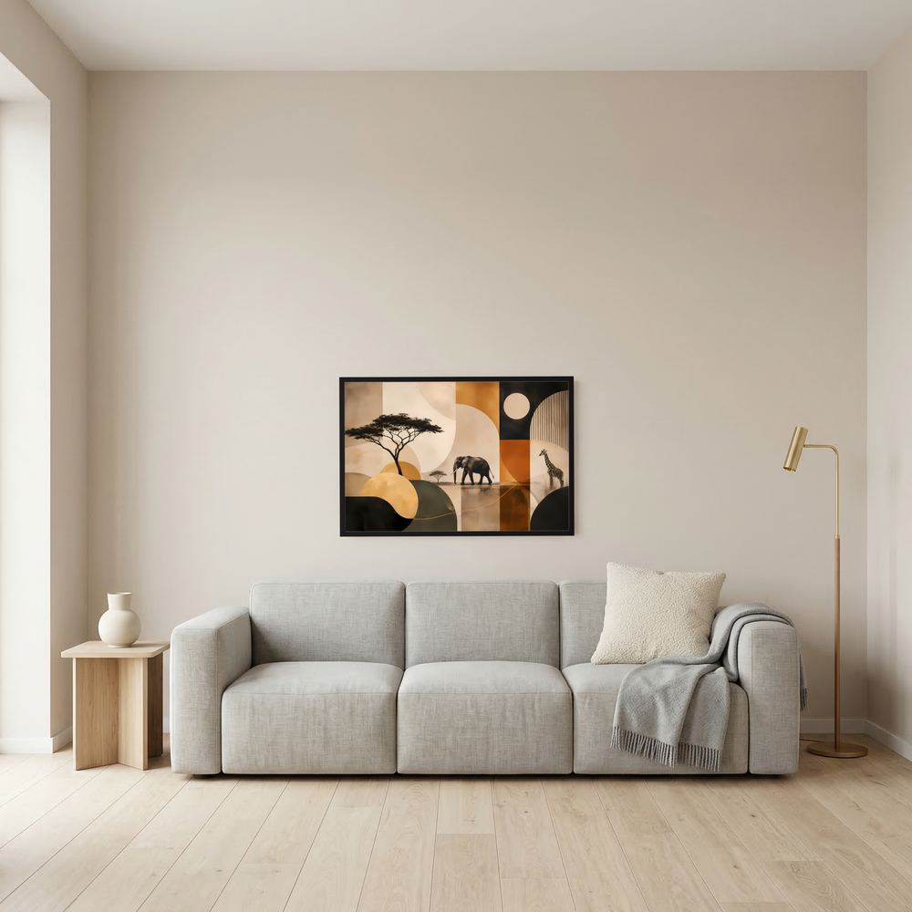 Wandposter im schwarzen Rahmen mit Elefant- und Giraffensilhouetten, abstrakte Afrikaformen