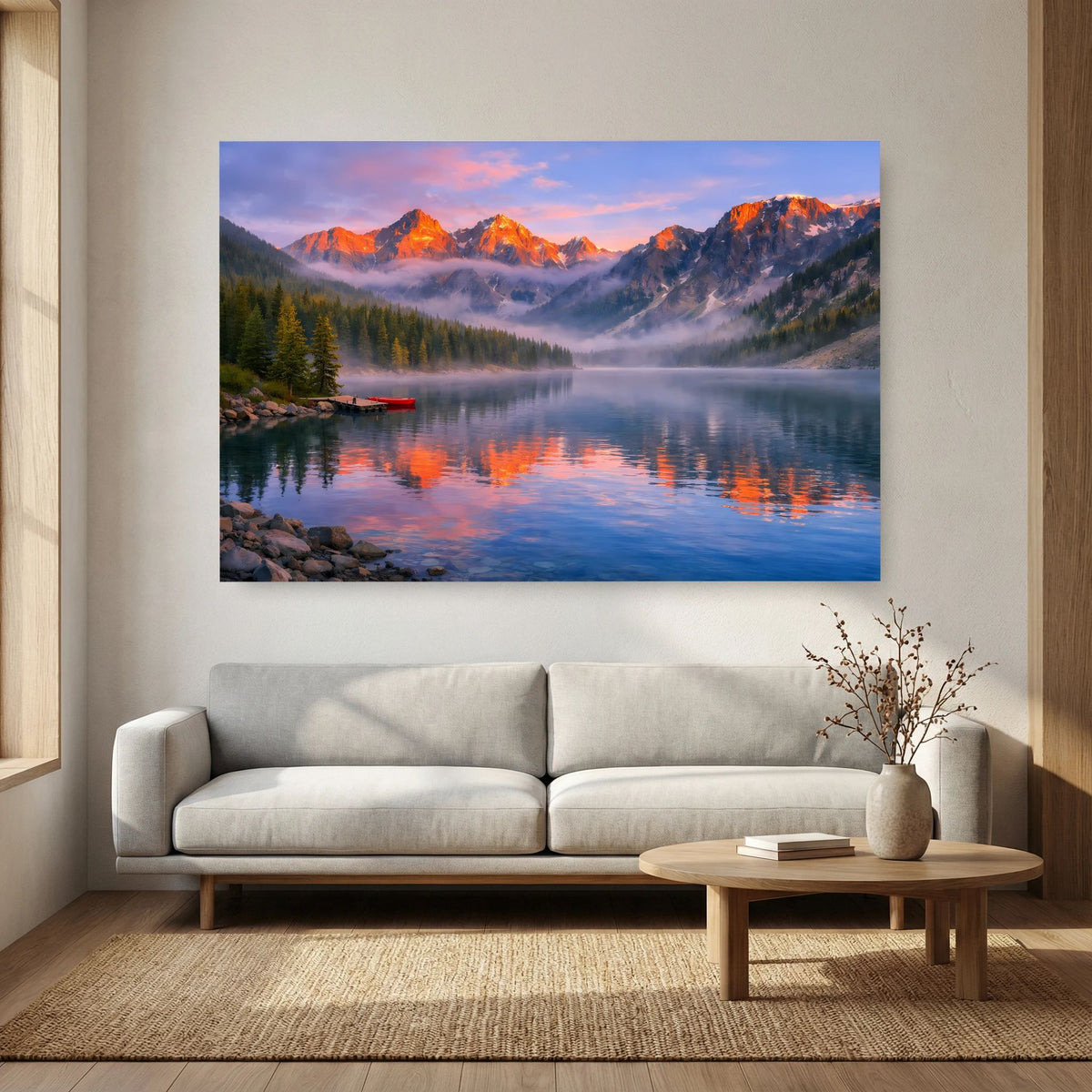 Wandbild im Querformat: Alpenlandschaft mit Seeufer, Bergen, Dunst und warmen Lichtreflexen.