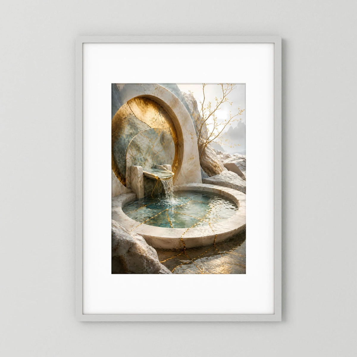 Poster im Hochformat mit goldener Wasserquelle in Naturstein-Nische und türkisfarbenem Becken