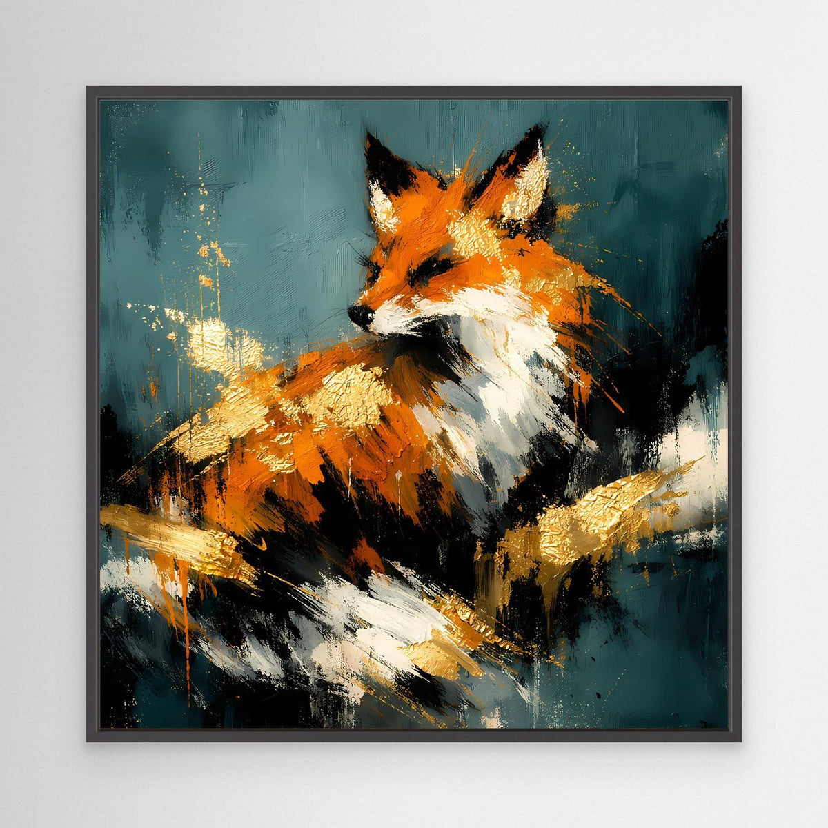 Leinwand-Wandbild mit schwarzem Rahmen: abstrakter Fuchs in Orange, Weiß und Gold